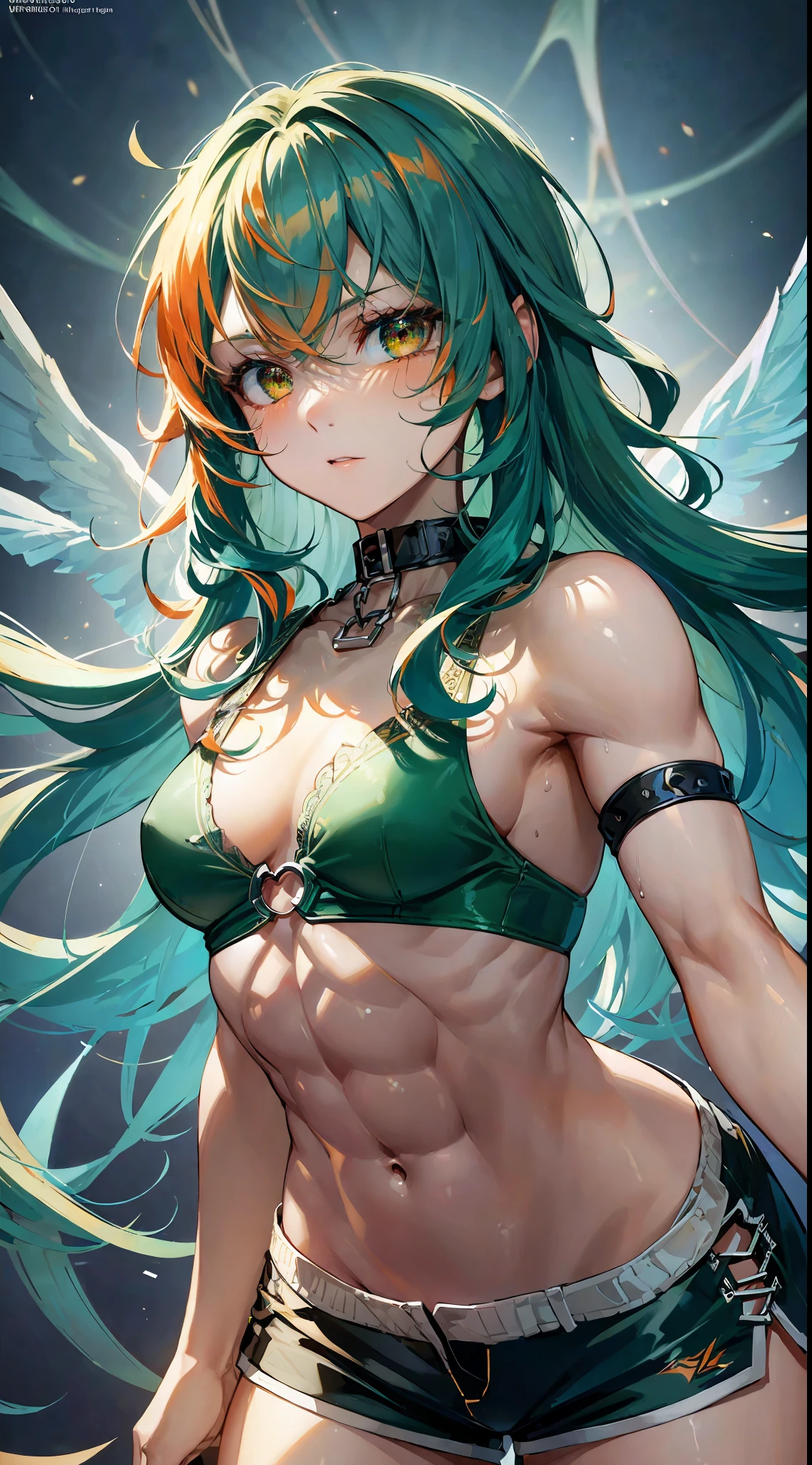((ultra-detailed)),(best illumination, best shadow, an extremely delicate and beautiful),(extremely detailed CG unity 8k wallpaper,masterpiece, best quality, ultra-detailed),(best illumination, best shadow, an extremely delicate and beautiful),floating, [(dynamic angle,((1girl)):1.2,(blue:1.3+green+orange) scales:1.2+fire:1.3),(long blue hair:1.2+long green hair+long orange hair:1.3),red eyes,dynamic pose,(wings),scaly white armor,sharp claws,snarling,aggressive look):0.75], ((medium chest, tomboy, small head)), (cut abs: 1.1), (perfect body: 1.1), (short wavy hair: 1.2), auburn hair, collar, chain, full body, workout , sweat,((shorts)), (extremely detailed CG 8k wallpaper), (extremely delicate and beautiful), (masterpiece), (best quality: 1.0), (ultra high resolution: 1.0), beautiful lighting, perfect lightning, realistic shadows, [high resolution], detailed skin, super detailed (((colorful)))