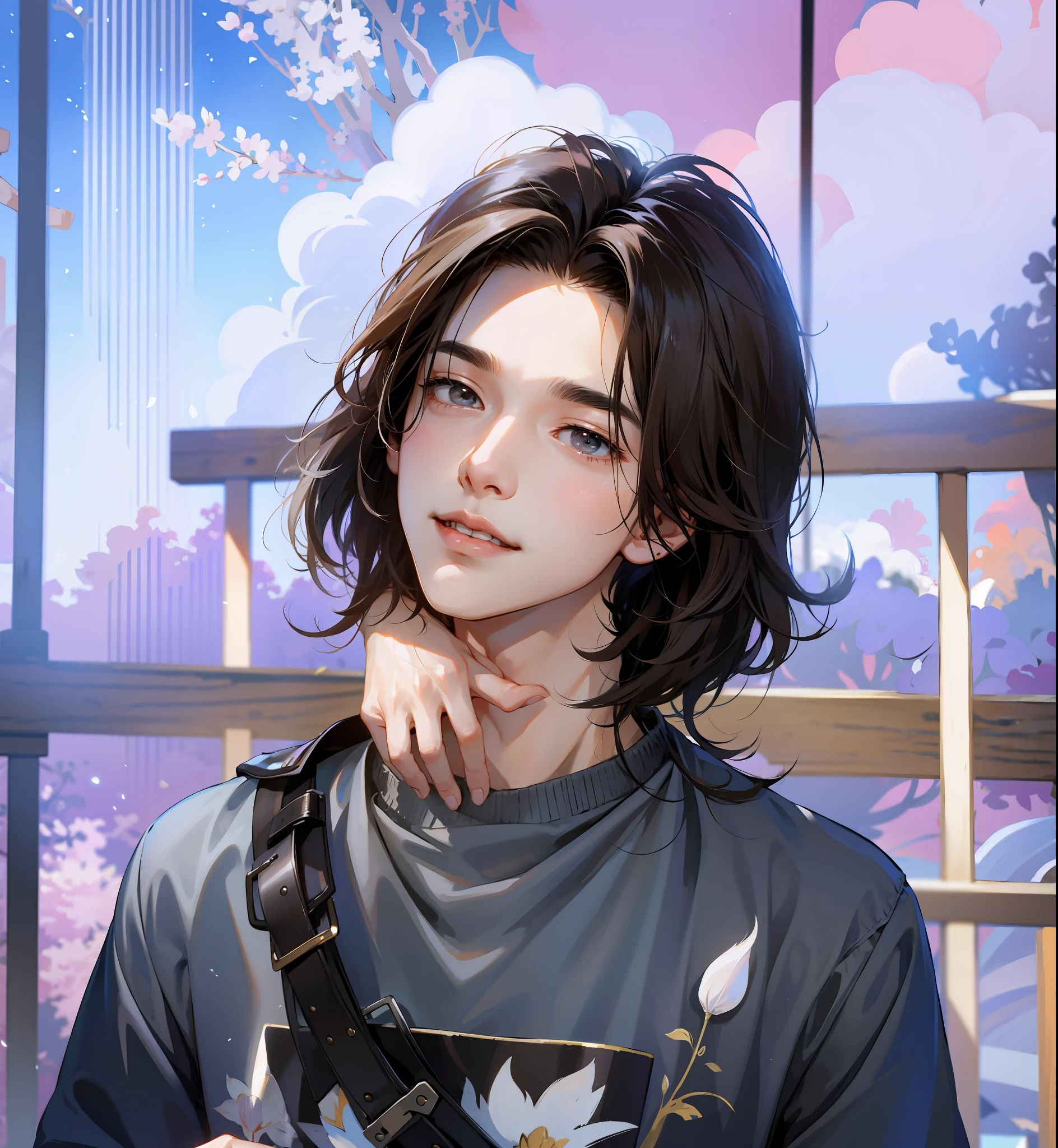 (absurdres,Super-resolution,masterpiece,best quality,finely detailed,absurdres:1.2), dramatic light, dramatic illumination, cinematic, anime scenery, makoto shinkai, ghibli, (((1boy))), young male, has a beautiful smile, handsome but also beautiful, all visuals are in it, beautiful eye smile, long hair suits him, hair color is black and faded brown,choi beomgyu, boyband of tomorrow x together