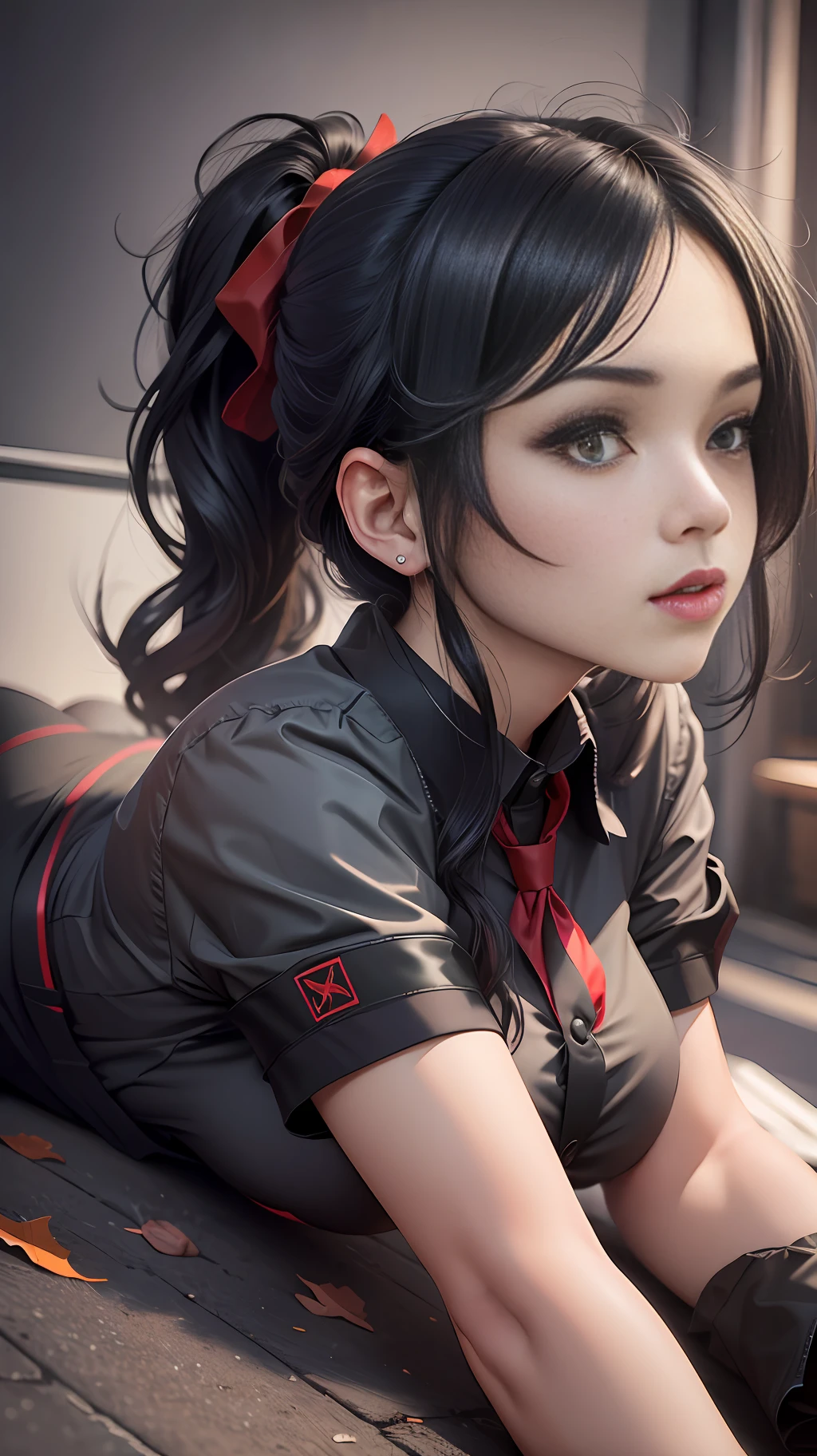 1 girl, solo, black hair, ponytail, red eyes, black stockings, lying on the ground looking at the audience, secretary uniform, huge exposed, --auto --s2