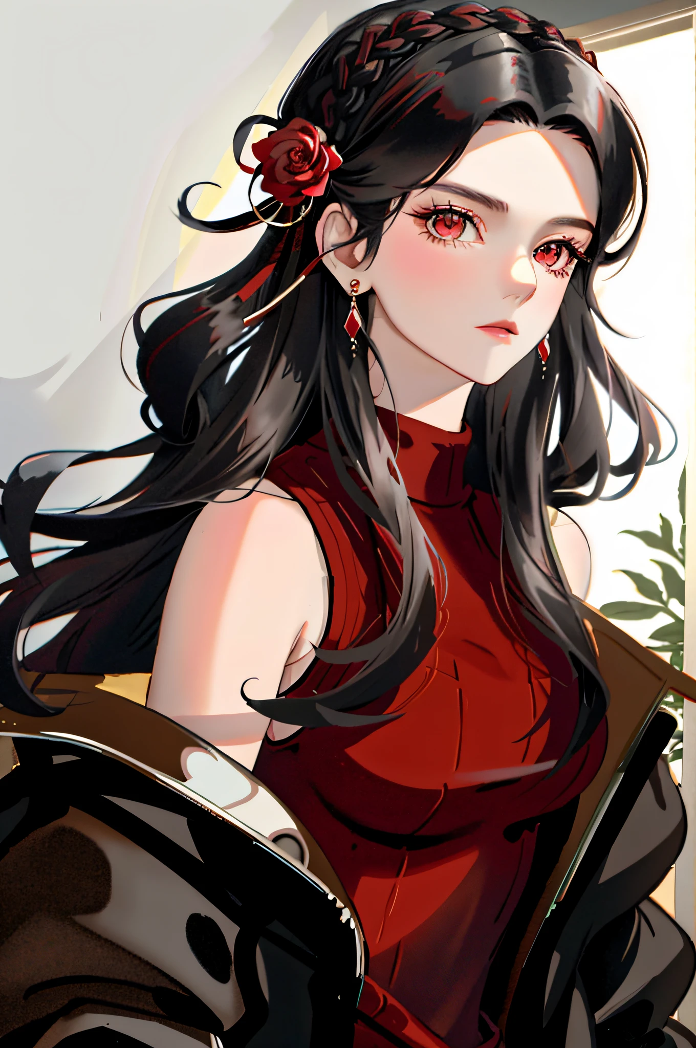 yor briar, 1girl, bare shoulders, red woll sweater, black hair, breasts, closed mouth, dress, earrings, flower, hair flower, hair ornament, hairband, jewelry, medium breasts, long hair, looking at viewer, red eyes, sidelocks, sleeveless, solo, upper body, in room background, ((masterpiece))
