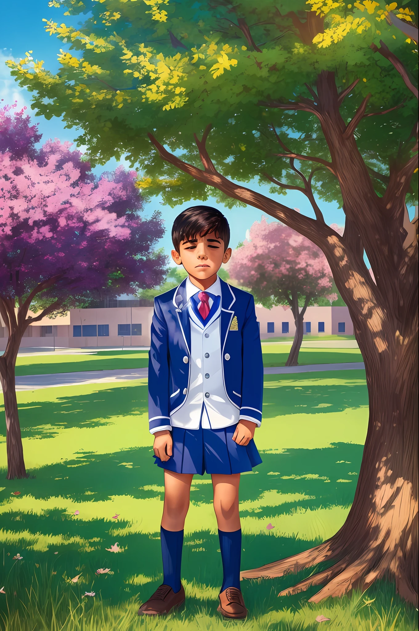 A Latino boy in school uniform, crying under a tree in the schoolyard, very detailed, colorful, 4K --auto --s2