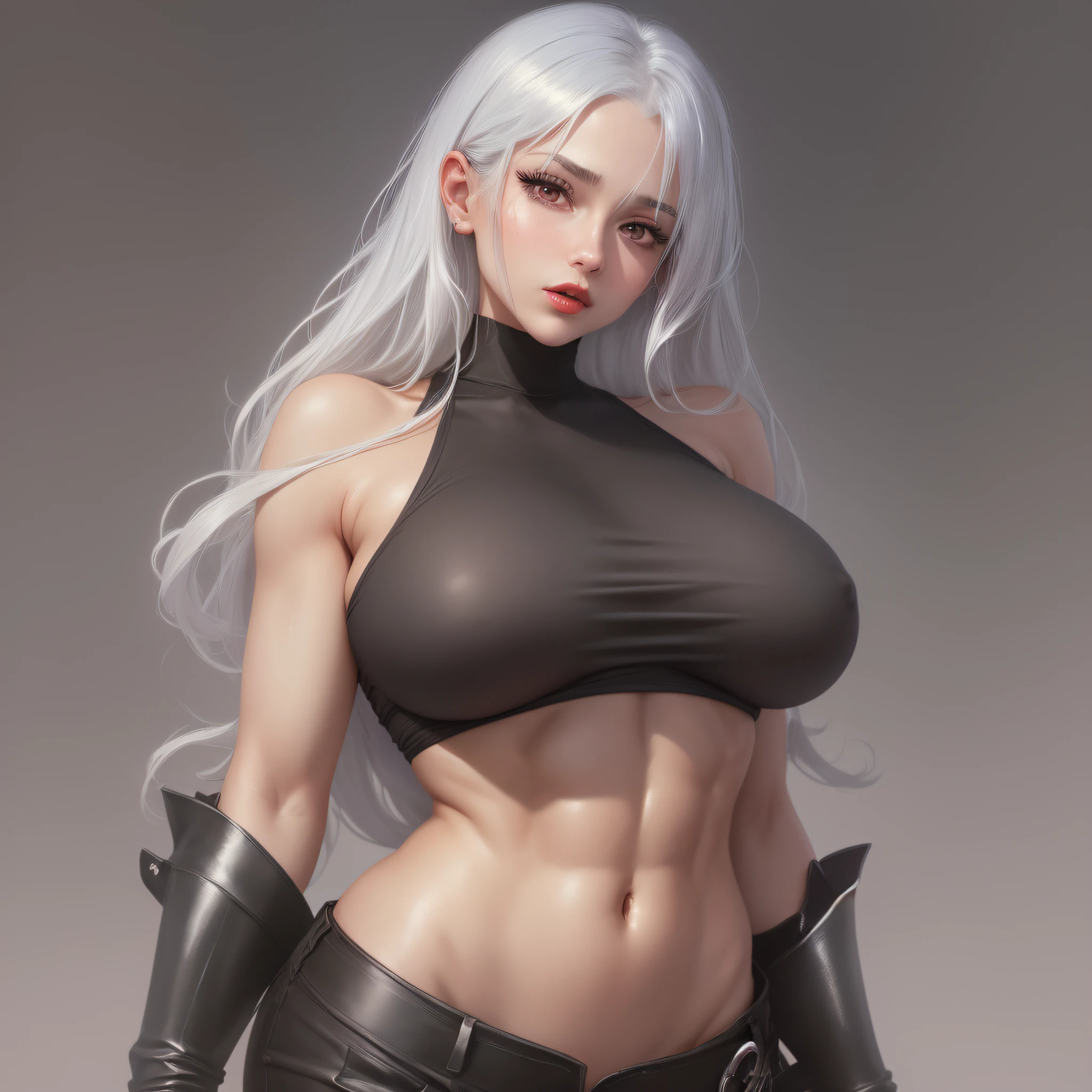 Girls, Bangs, Bare Shoulders, Black Pants, Breasts, Breasts squeezed together, Grey background, Hair between the eyes, Huge breasts, Long hair, View Viewer, Pants, Parted lips, Red eyes, Shirt, Simple background, Sleeveless, Sleeveless shirt, Solo, Turtleneck, V arm, White hair,(Shiny skin),(Masterpiece:1.4),(Best quality:1.4),,Facigirl,Red lips,Perfect abs, belly button, (nipple: 1.5), (sheer areola), nipple, huge, sweat, --auto --s2