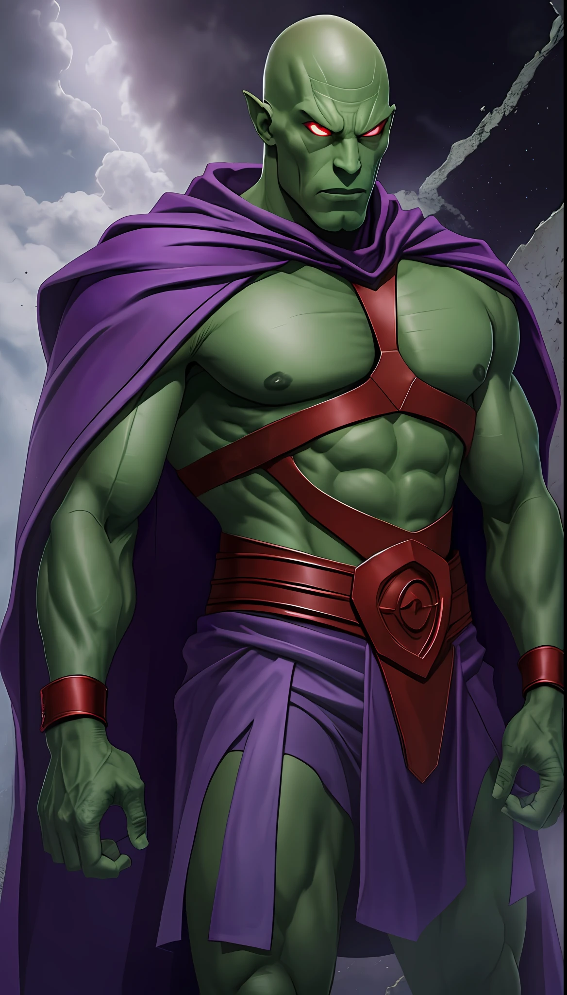 1man, solo, Martian Manhunter (DC comics), J'onn j'ozz, tall, muscular, hunk, abs, dark green skin, chiseled face, old face, alien face, high cheekbones, alien pointy ears, dark green tattoos, long claws on forearms, long head, long face, squared chin, bald head, egg-shaped head, long ((purple)) cape, cape tied to the chest, flowing cape, red eyes, no pupils, shirtless, standing powerfully, flat style, ultra detailed, low camera angle, upper body shot, 2 red straps on the chest big black and red armored male leather skirt on the outside, black pant on the inside, purple shoulder pads, high resolution:1.2, circle red and black emblem on the chest, battlefield in the background, award winning, shadow