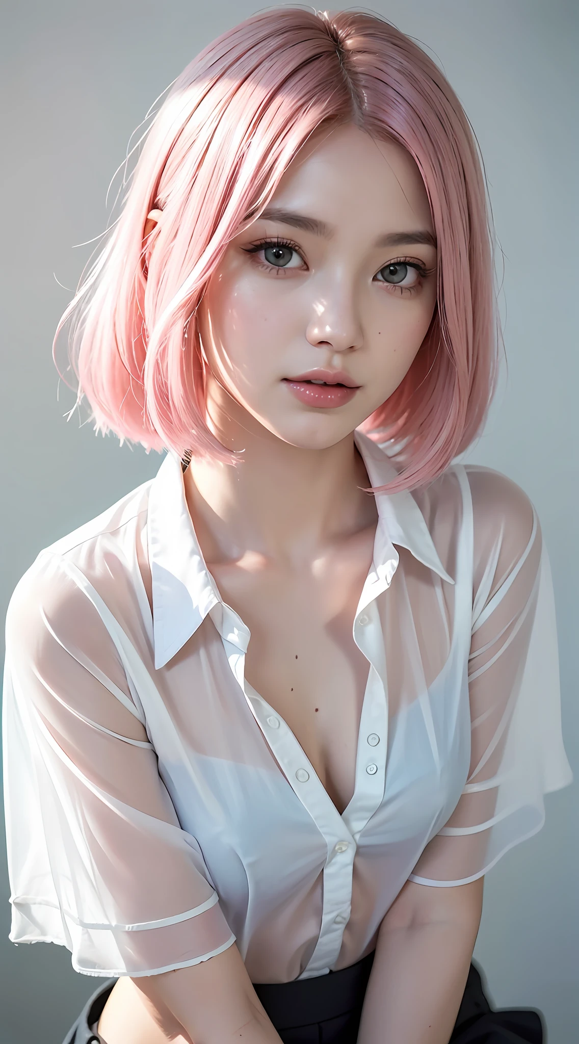 (RAW photos, top quality), (realistic, photorealistic: 1.3), masterpiece, very delicate and beautiful, highly detailed, CG, unity, 2k wallpaper, amazing, fine details, light smile, highly detailed CG Unity 8k wallpaper, huge file size, super detail, high resolution, absurdity, soft light, (((short hair: 1.3), short bangs, pink hair, Novafrog style with floating hair)), beautiful detailed girl, detailed fingers, highly detailed eyes and face, beautiful detailed nose, beautiful detailed eyes, long eyelashes, light on face, viewer see, (closed mouth: 1.2), 1 girl, cute, young, mature face, (full body: 1.3), ((small breasts)), realistic face, realistic body, beautiful detailed thighs, (ulzzang-6500-v1.1: 0.8), office, detailed office, ((shirt, see-through shirt, black thighs, mini skirt, black underwear, unbuttoned shirt)),