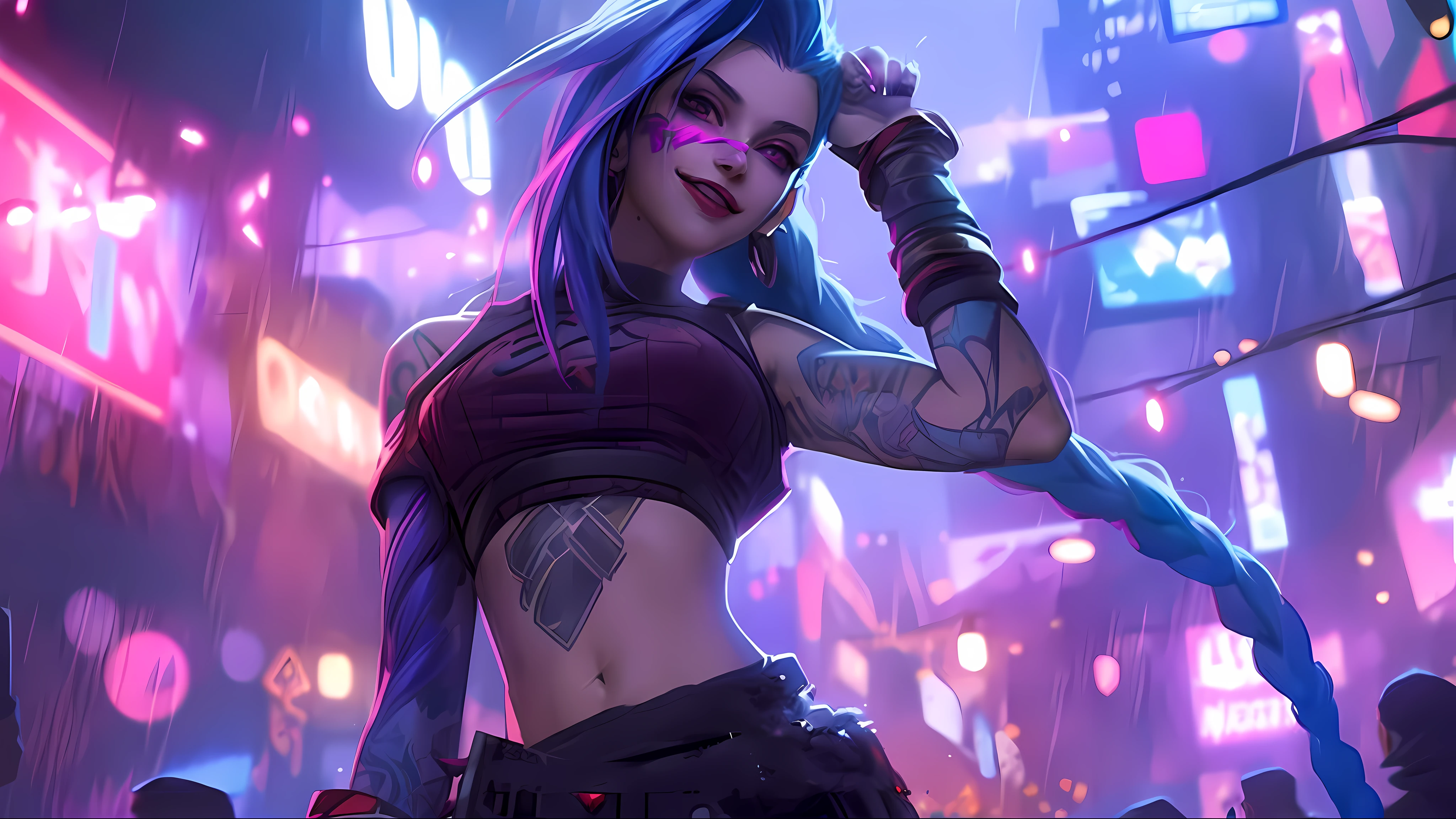 a woman with blue hair and tattoos standing in a city, portrait of jinx from arcane, jinx from league of legends, jinx from arcane, arcane jinx, jinx expression, cyberpunk art style, cyberpunk 2077 rossdraws, cyberpunk judy alvarez, jinx face, cyberpunk angry gorgeous goddess, cyberpunk vibe, cyberpunk themed art, cyberpunk girl, cyberpunk beautiful girl