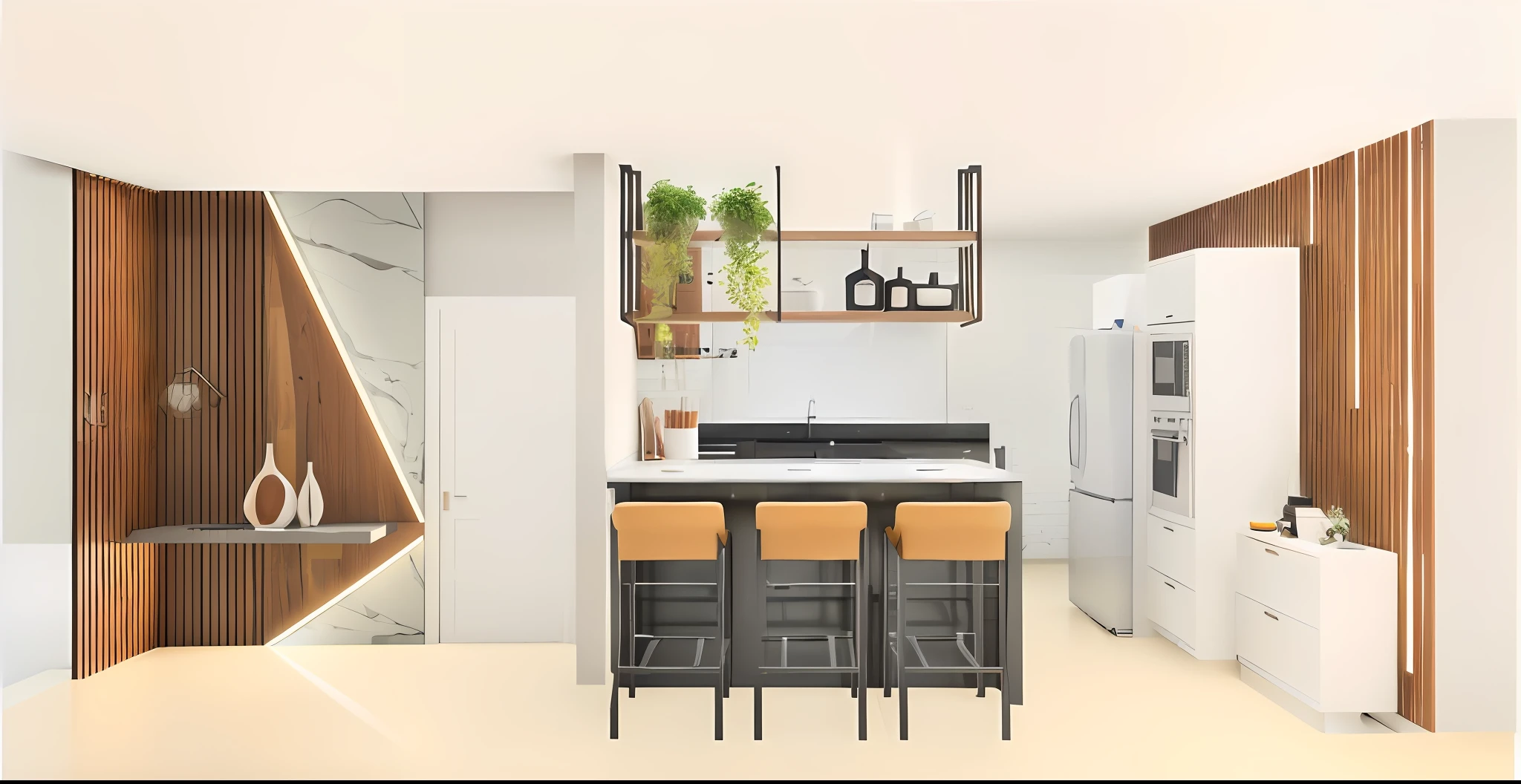 There is a kitchen with a bar and a refrigerator in it, rendered in Enscape, minimal kitchen, kitchen, render Enscape, in simplified realism style, 3D realistic style, modern minimalist, 3D rendering, 3D rendering, small kitchen, realistic concept, 3 drender, modern look, in ultra realistic style, 3D render, 3D render, ultra thin, best quality, RAW, masterpiece, ultra thin photo,  best quality, ultra high resolution, photorealistic, sunlight, full body portrait, incredibly beautiful, gorgeous, ealistic movable details, visible pores, sharp focus, 8k uhd, dslr camera, high quality, photorealism,