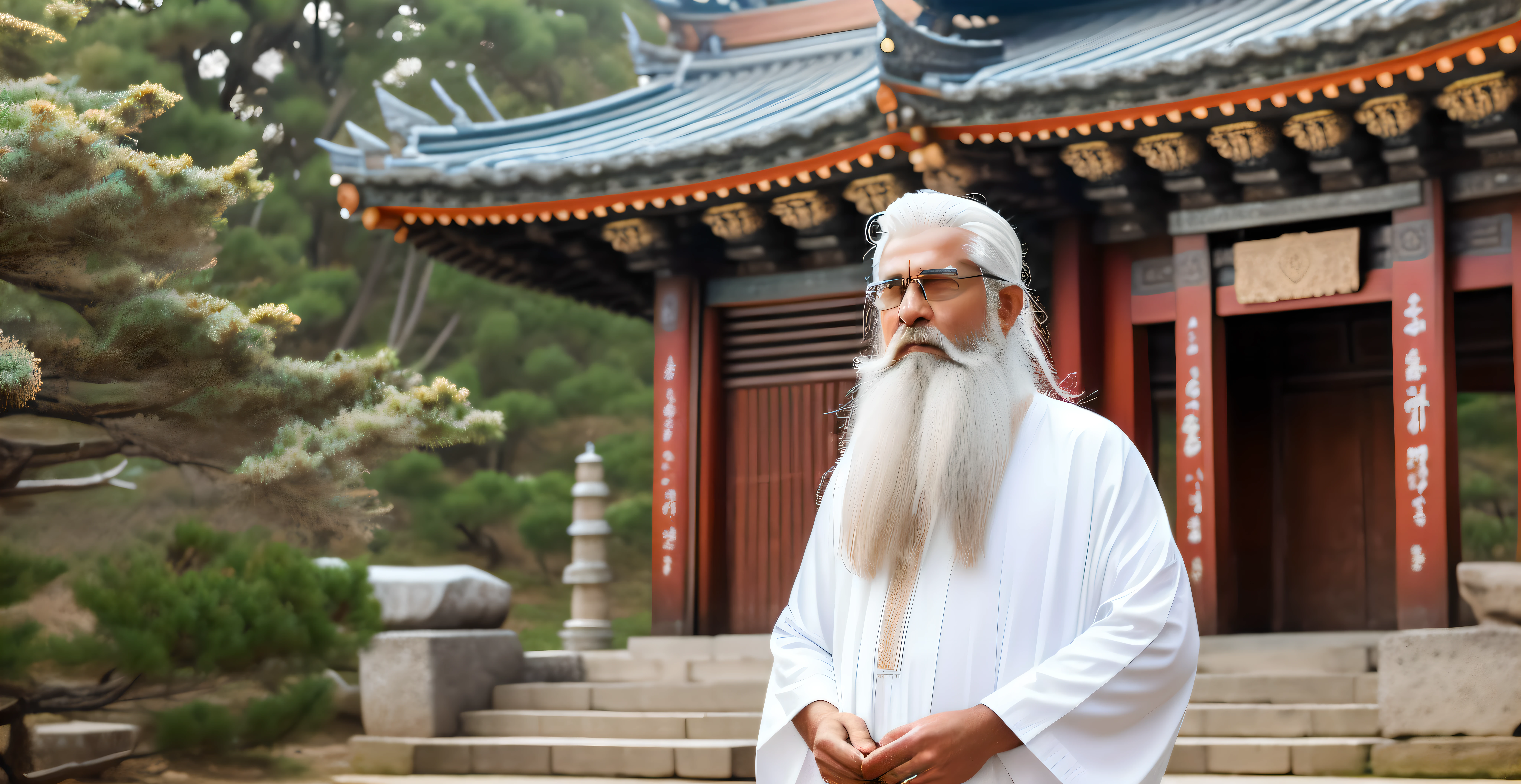 an old sage with white hair and beard standing in front of a temple