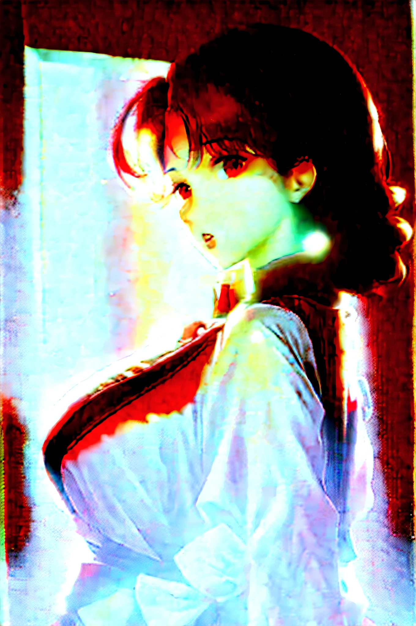 1girl, solo,red theme,looking at viewer,large breasts,portrait,from side,bad-girl,((mature female))