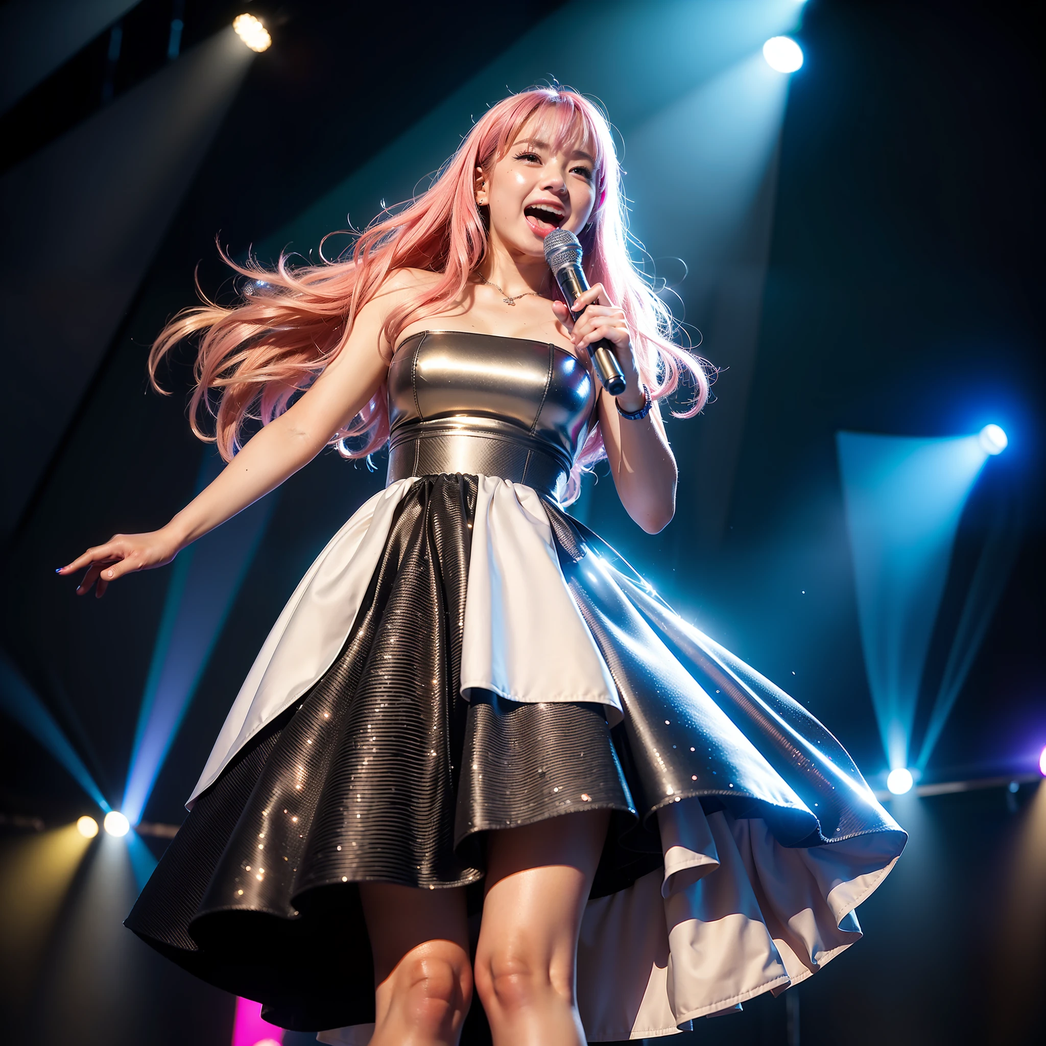 ((8k, RAW photo, best quality, masterpiece,:1.2)), (realistic, photorealistic: 1.3),(depth of field:1.2),18 years old beautiful Japan girl,dynamic angle,(1 person:1.3),1 girl,solo,future idol,colorful cyber idol dress,glowing neon light idol dress, glowing eyes, pink hair, white mesh hair, long hair, flowing hair, cute smile, microphone, on stage, neon lights, laser beam, psyllium, spotlight, cowboy shot, moody lighting, (singing with microphone on stage:1.5),intricate details,cyberpunk,(audience around stage:1.5),(exploding pixel particles:1.2),from below