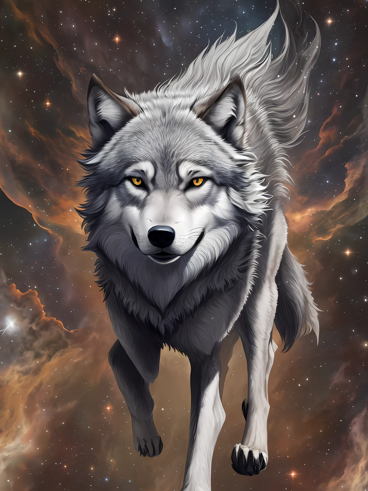 (pt) "generate an exquisite artwork portraying a majestic grey wolf, captured in an intricately detailed line art style. The perspective of the piece should be from a downward camera angle, showcasing the wolf's strength and ferocity. The background should feature a stunning nebula, beautifully contrasting the wolf. The wolf should be situated in a dense, dark forest, adding a sense of mystery and intrigue to the piece."