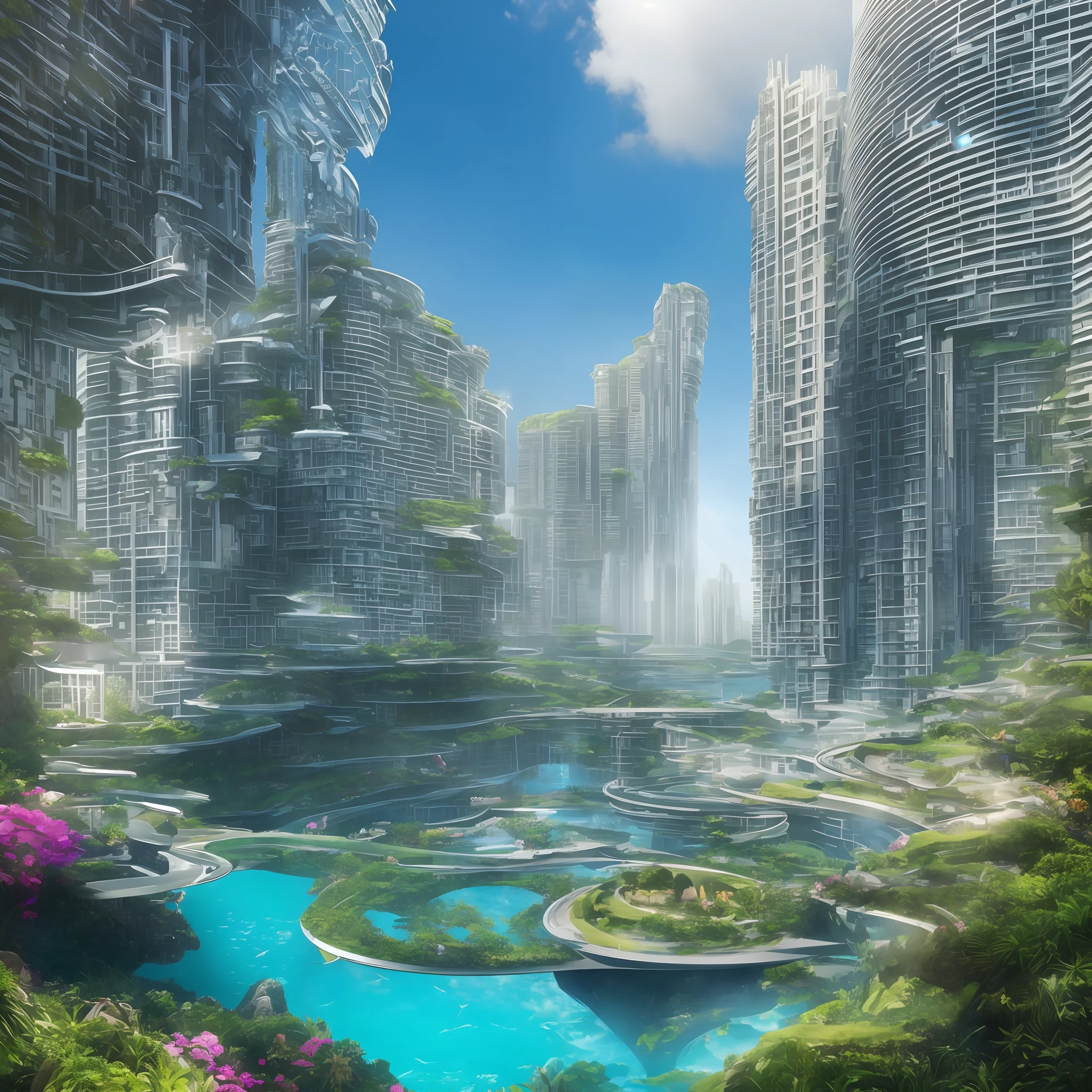 Science Fiction, Cities modern futuristic design large underwater city, futuristic underwater cityscape, a artificial waterfall and a pond with colorful flowers in the middle, nature meets underwater architecture, built inside ocean, realistic beehive architecture, organic underwater architecture, Reality very close to real nature, breathtaking render,city with underwater forest , advanced civilization technology,stunning architecture, luxury architecture, realistic fantasy render, by Zha Shibiao, epic and stunning, architectural visualization, epic architecture, concept art. 8 k --auto --v6 --s2