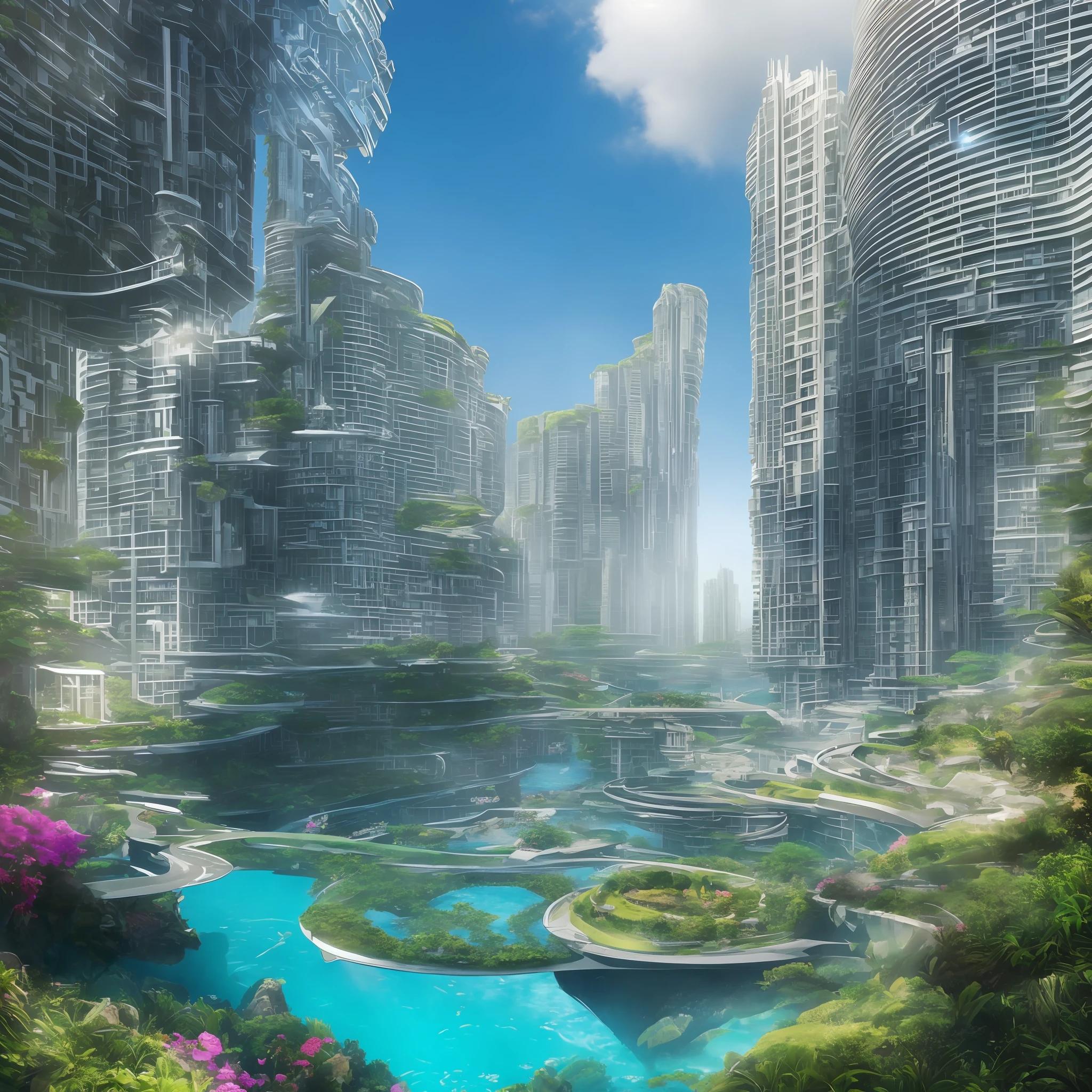 Science Fiction, Cities modern futuristic design large underwater city, futuristic underwater cityscape, a artificial waterfall and a pond with colorful flowers in the middle, nature meets underwater architecture, built inside ocean, realistic beehive architecture, organic underwater architecture, Reality very close to real nature, breathtaking render,city with underwater forest , advanced civilization technology,stunning architecture, luxury architecture, realistic fantasy render, by Zha Shibiao, epic and stunning, architectural visualization, epic architecture, concept art. 8 k --auto --v6 --s2
