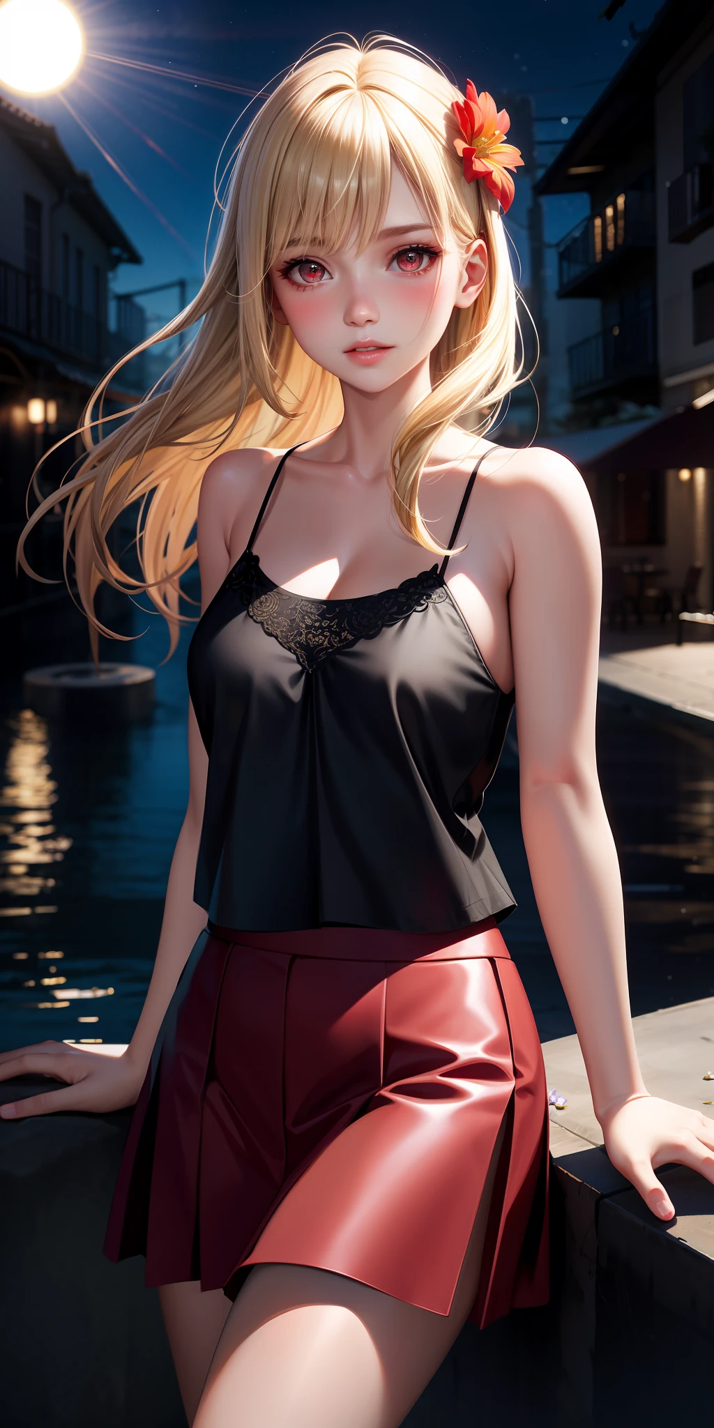 Realistic, girl one, blonde, red eyes, shining eyes, camisole, skirt, parted lips, blush, night, flower, sun, sunlight,