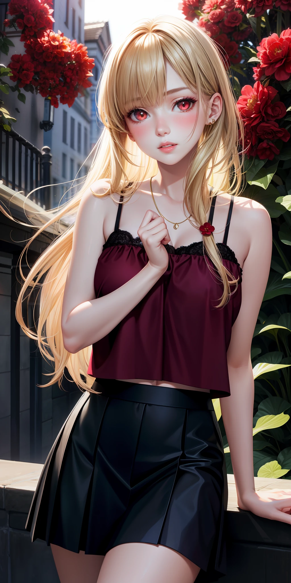 Realistic, girl one, blonde, red eyes, shining eyes, camisole, skirt, parted lips, blush, night, flower, sun, sunlight,