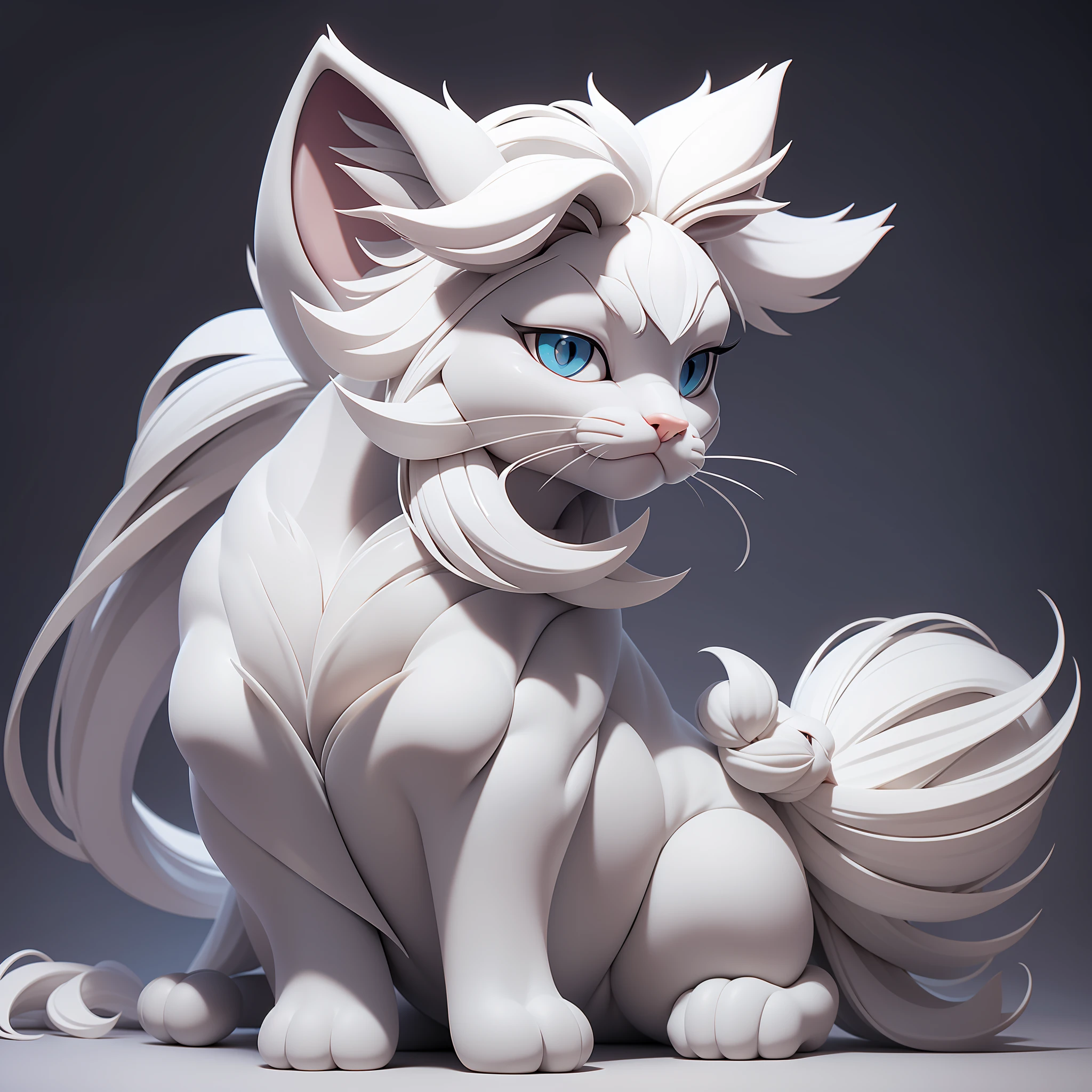Gray cat, with pointed ears, with small white mane, sitting on its side with its head facing forward, tail up with white hair at the tip and large making a ball