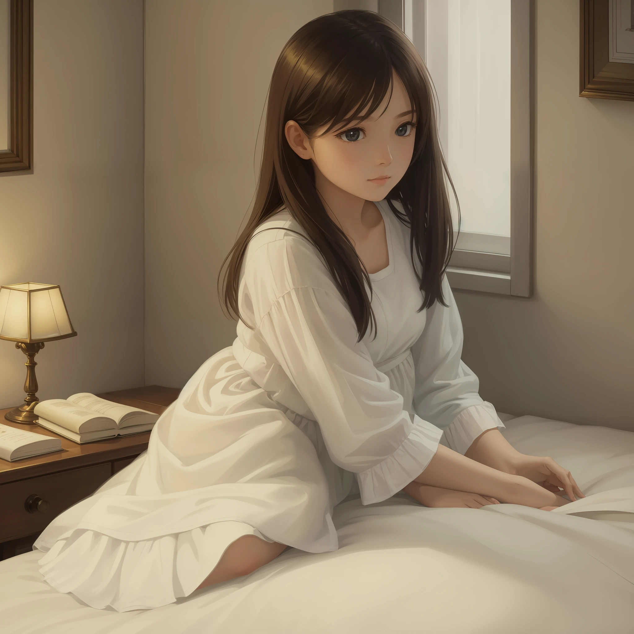 (((The painting style is clear and delicate, the colors are naturally saturated))), the picture is not blurry or vague, a girl, sitting quietly in front of the bed, white shirt, black skirt, many white sheets around, the room exudes a soft yellow light, the clock on the bedside table points to 10 o'clock at night, a book is quietly placed on the bed, some positions are turned up, she seems to have been looking at it for a while, the girl is a little pensive, her eyes look through the window, as if she sees endless distance, but also some tenderness, the quiet and warm atmosphere gradually pervades, The whole space is full of warm atmosphere and living temperature. --auto --s2
