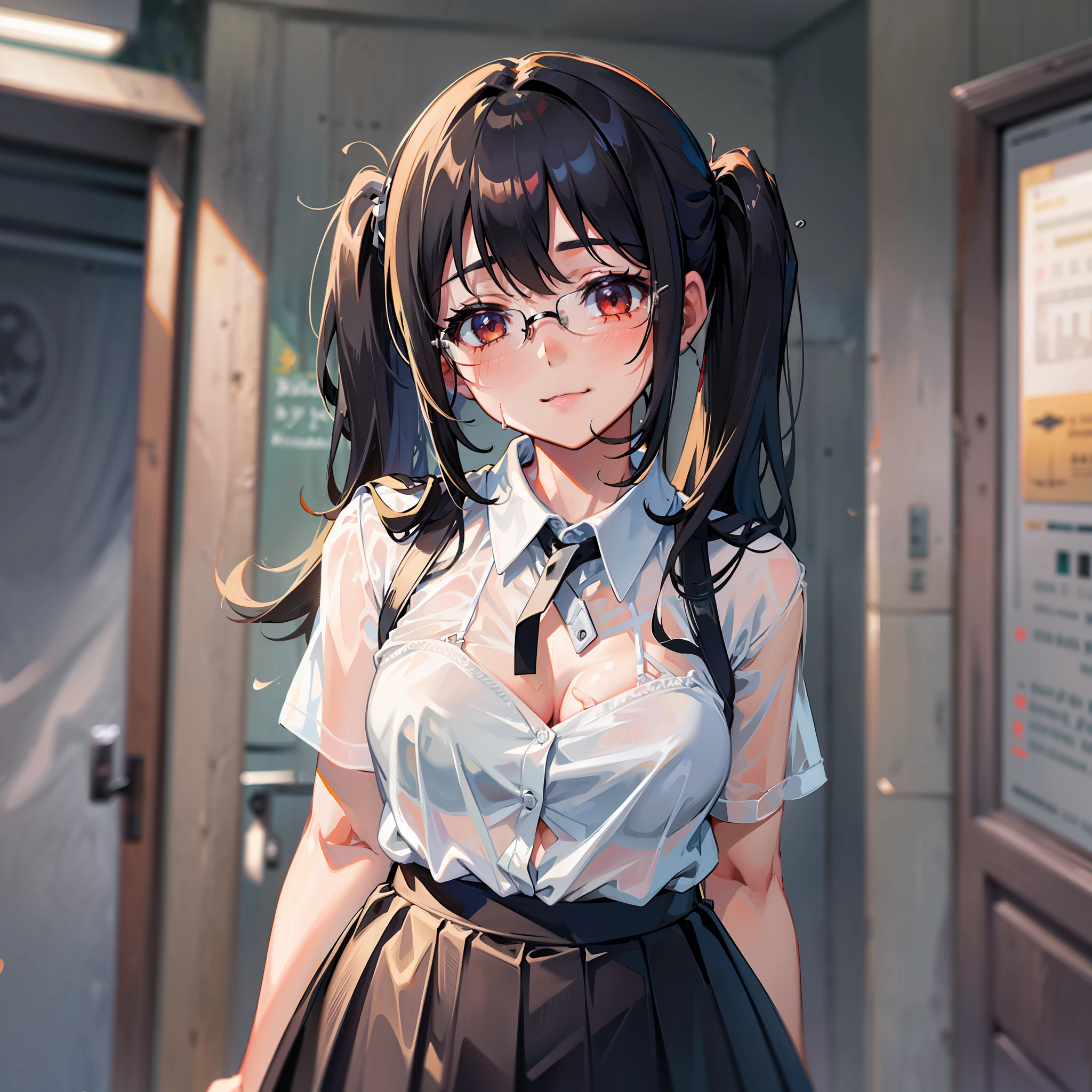 , underwear figure, transparent underwear, transparent bra, white shirt, black skirt, 8K, top quality, high school student, professional lighting, one girl, naughty pose, skirt, on the way to take off clothes, wet and sheer and see-through, sheer little, cute bra, hands on the crotch, clear liquid leaking from the crotch, cute underwear, long bangs, smiling girl, 16 years old, big, black hair pigtails, black hair, brooding, glasses, red cheeks,