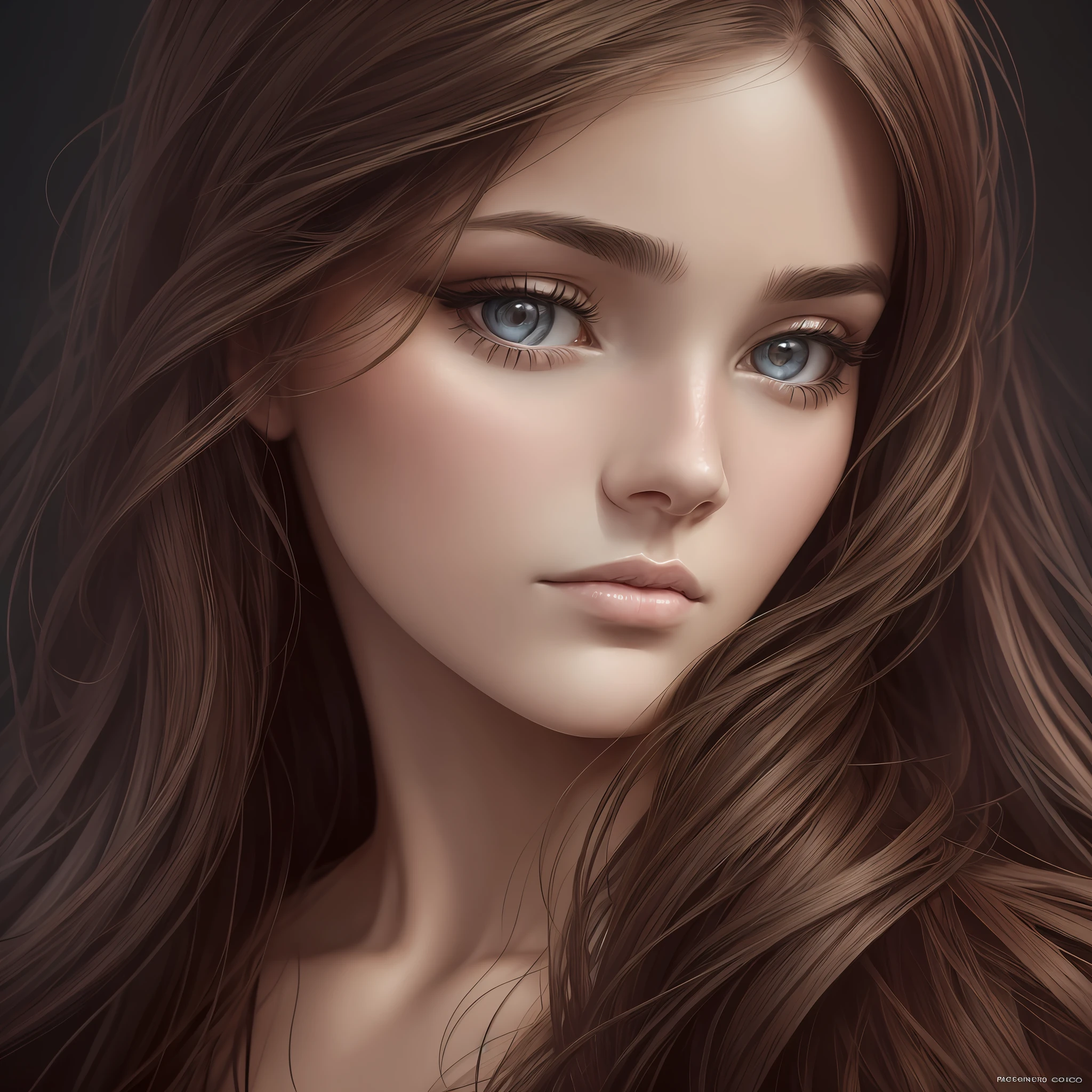 a close up of a woman with long hair and a very sad look, a digital painting by Pablo Munoz Gomez, zbrush central contest winner, digital art, detailed beauty portrait, realistic beautiful face, photorealistic beautiful face, beautiful realistic face, realistic female portrait, realistic digital drawing, detailed beautiful portrait, beautiful female portrait, gorgeous face portrait, beautiful girl portrait --auto --s2