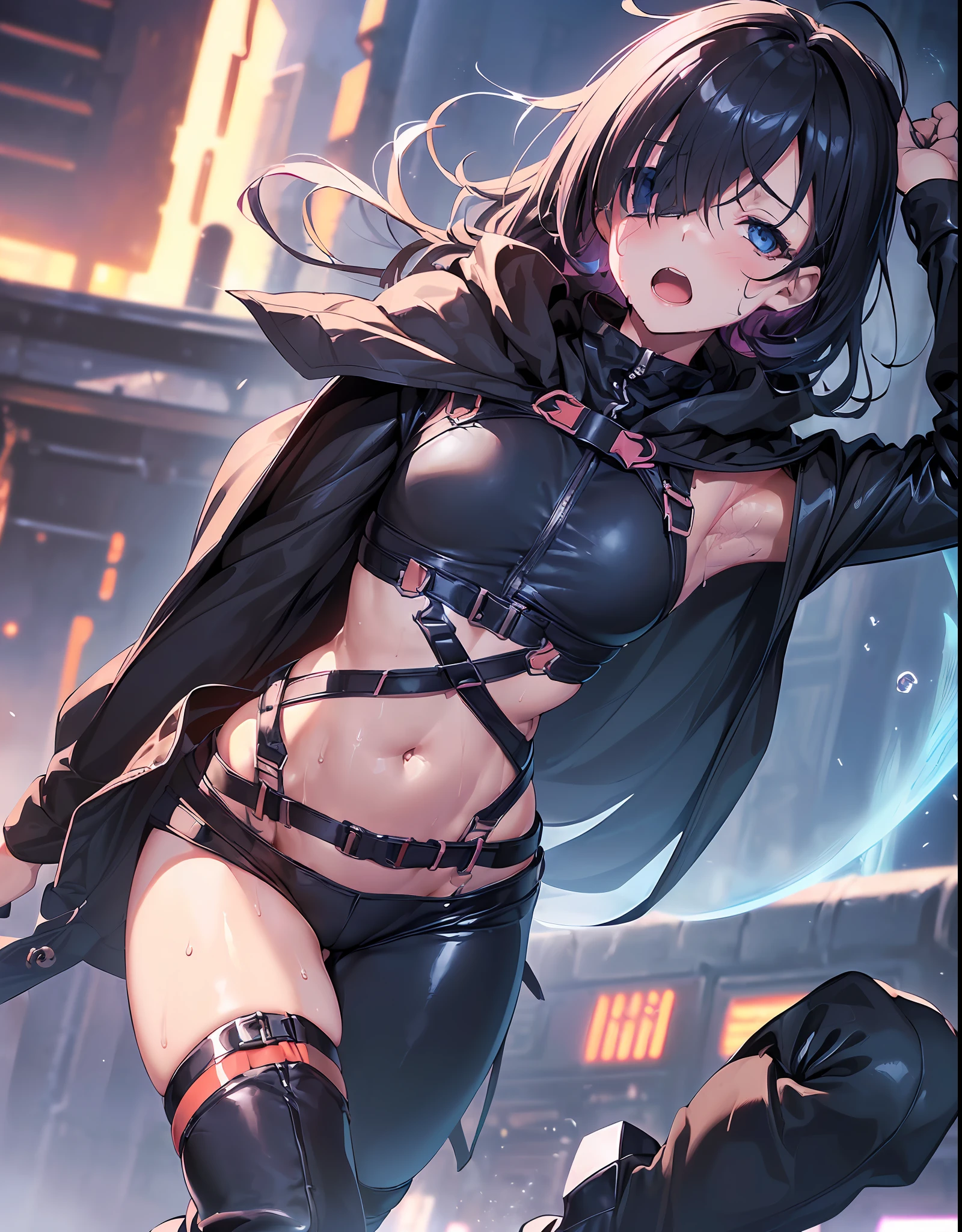 fantasy,1 girl,toddler, ((loli))+++, child,belt, blue_eye, blush, big_, cloak, hood, medium_hair, ((((long_bangs,hair_over_one_eye)++, shiny_black_bodysuit, harness, navel,,open_mouth,public,in_fantasy_ city_background,sweat, armpits, thighs, boots, groin, sweat,_juice, dynamic_pose_running, dynamic_angle, tiny_groin, happy,sleepy,confused, (thin_ass, thin_thighs),