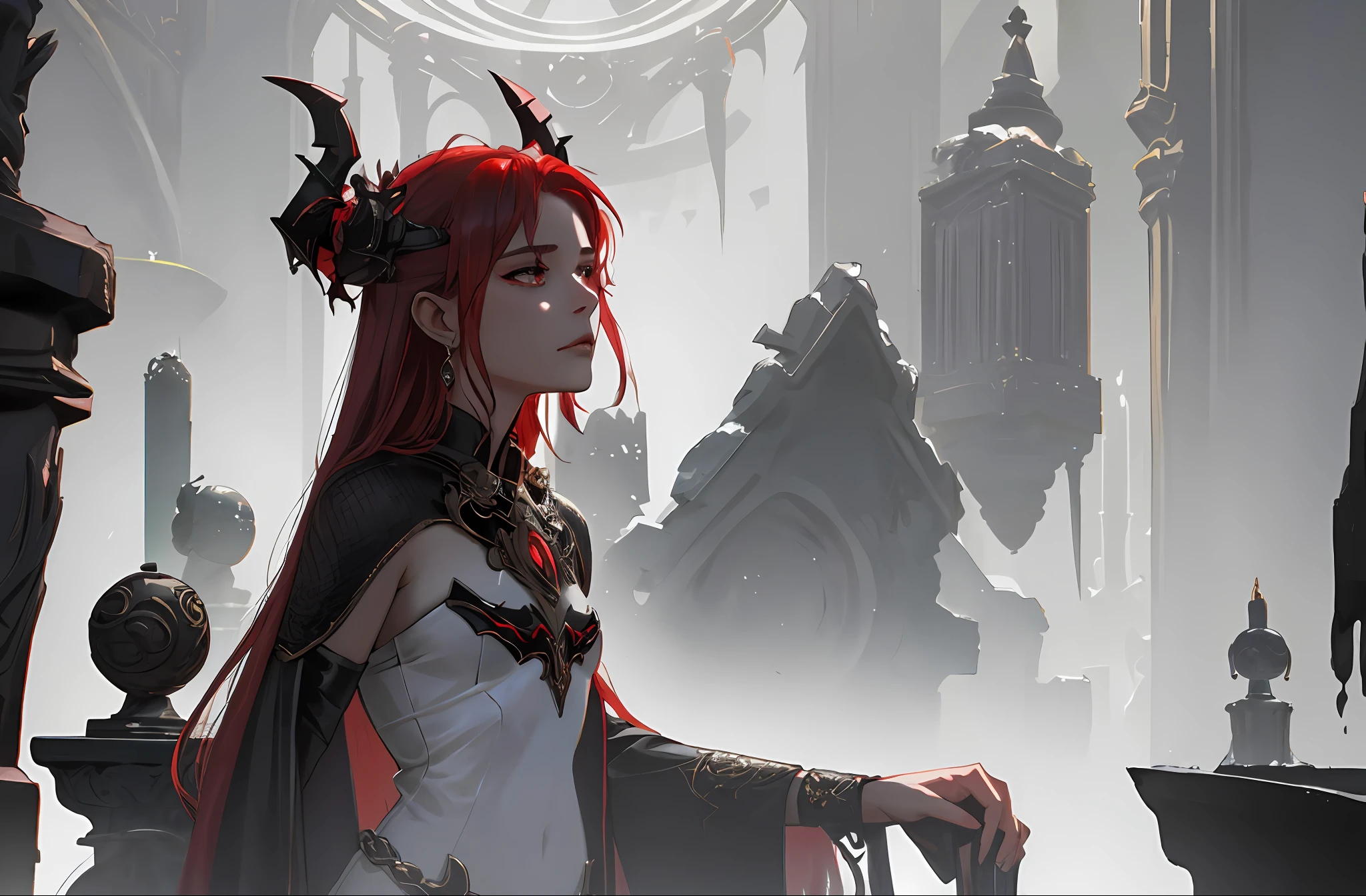 "Compose a scene that delves into Lilith's tragic backstory, revealing her complex motivations and inner turmoil. Depict her in a vulnerable moment, perhaps contemplating her past choices and the consequences they have wrought. Show hints of sorrow and regret in her expression, contrasting with her outwardly menacing demeanor. Incorporate elements that symbolize her connection to the demonic realm, such as arcane artifacts or subtle demonic imagery. Convey the depth of her character, evoking empathy and intrigue, as viewers glimpse the inner conflicts of this enigmatic figure in the Diablo 4 universe."