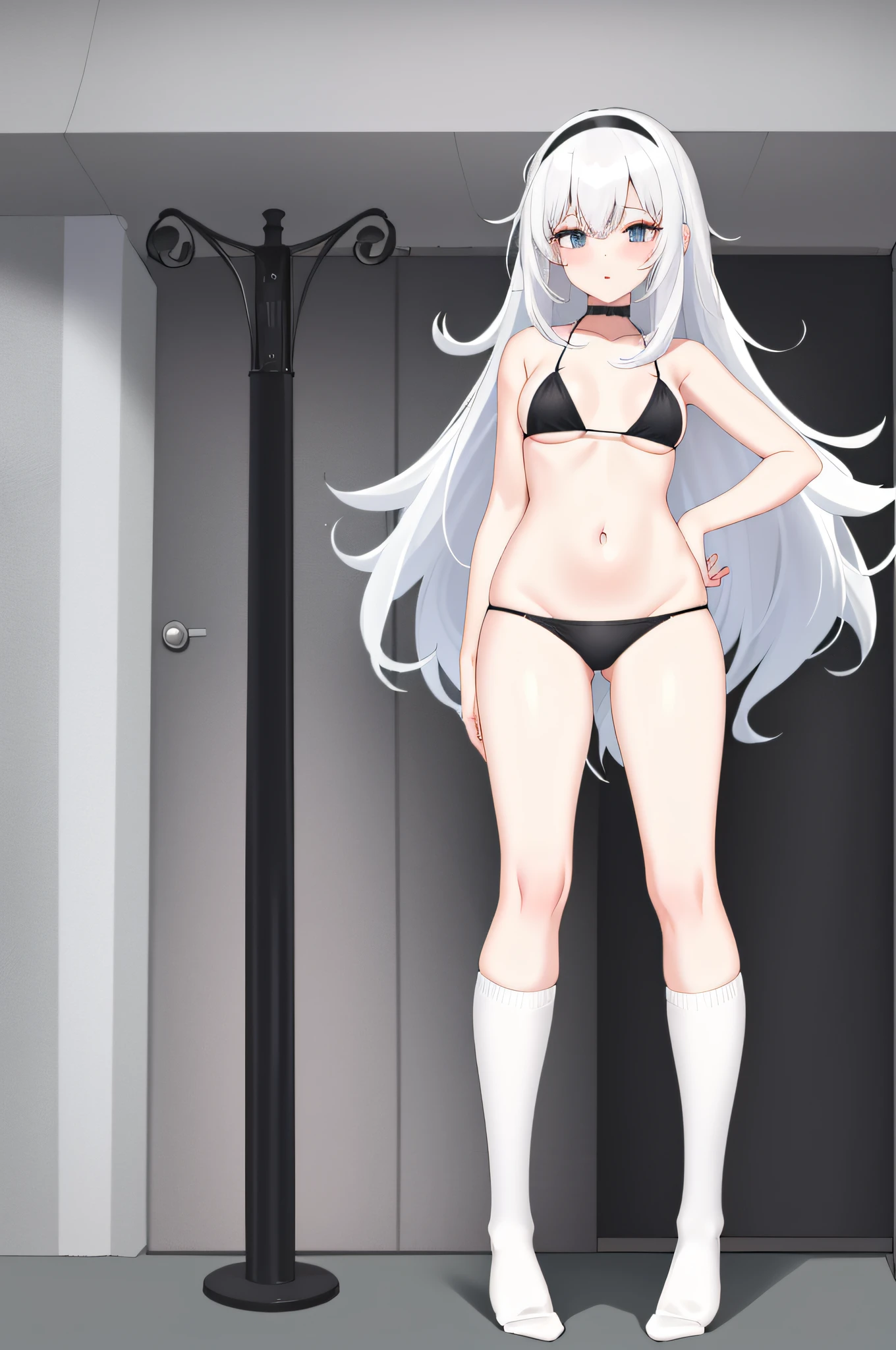 Girl Front, an94, white hair, long hair, black over-the-knee socks, bikini, in bed, full body, legs spread, looking at the audience