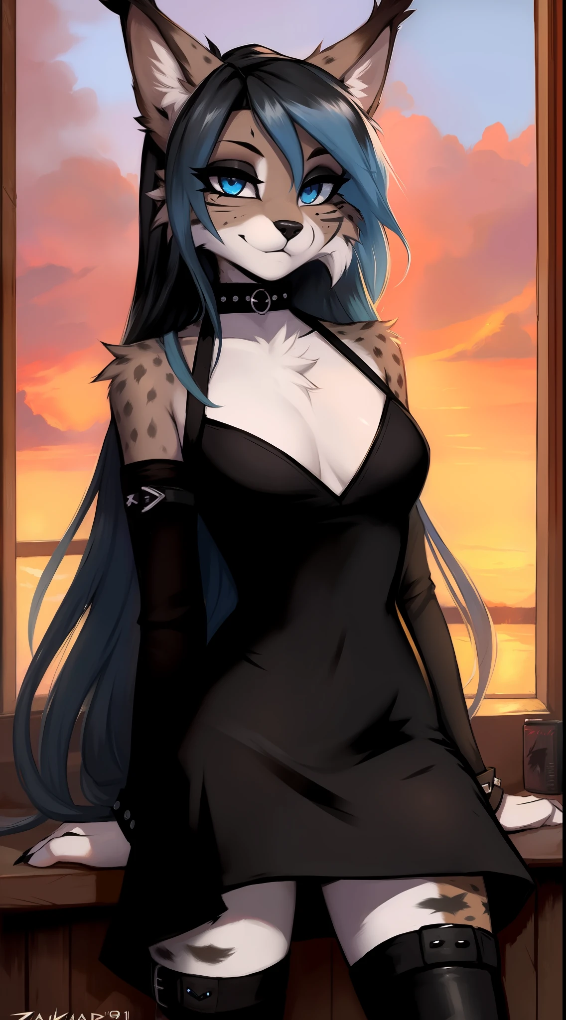 by Zackary911, kenket, kilinah, Zackary911, shiny skin, looking at the viewer, goth makeup, eyeliner, eyeshadow, (furry:1.5), (anthro:1.2), lynx, female lynx, anthropomorphic lynx female, muscular abs, shinny skin, blue hair, blue eyes, goth dress, black thong, goth boots, long hair, hands_behind_back,