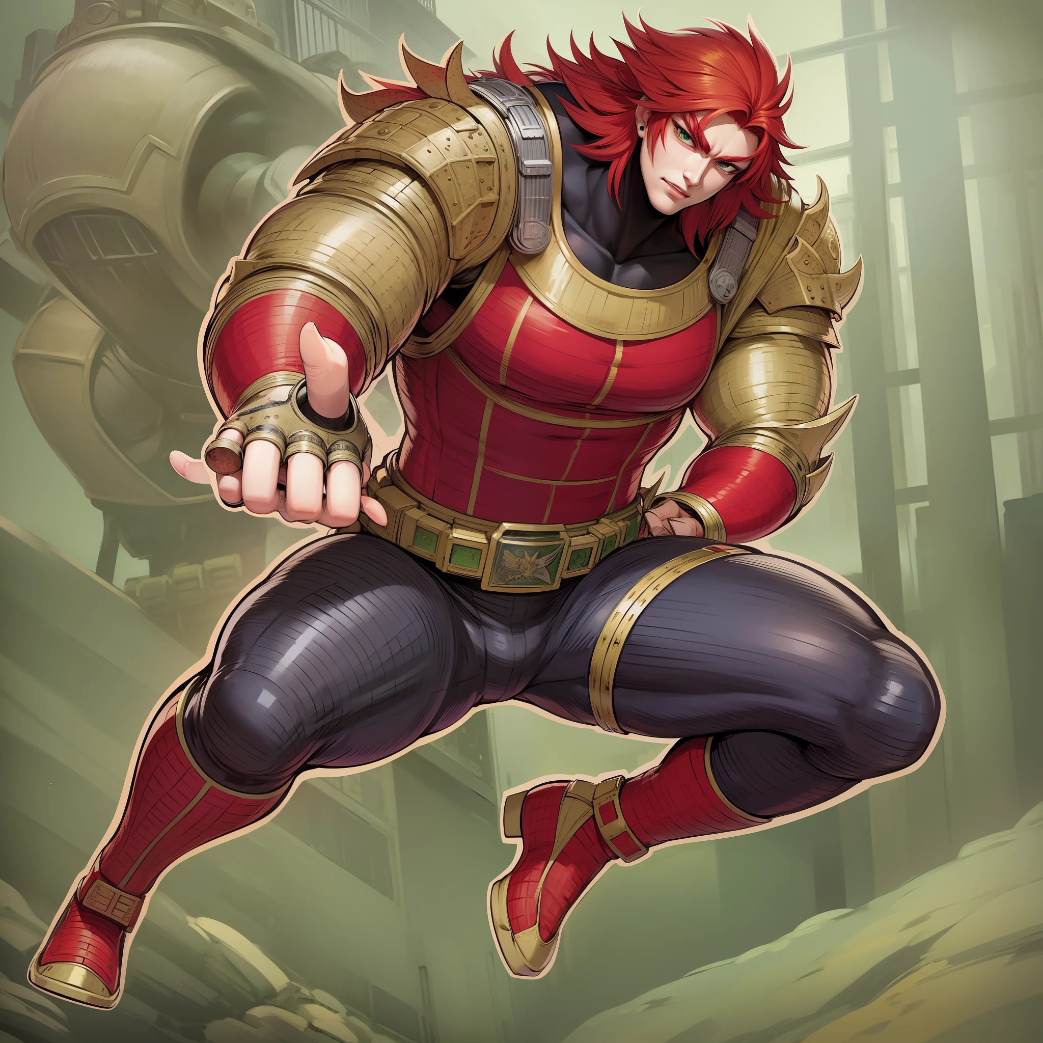 red hair, full armor, sentai hero, muscular man long hair, pants, vest, mantea, black cloths, full body, green eyes