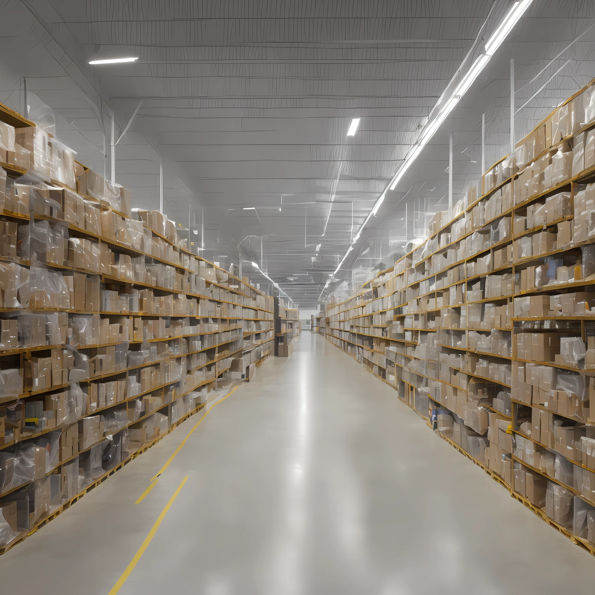 Company warehouse corridor with endless shelves and boxes cataloged from floor to ceiling. The right foot must be more than 20 meters high and the corridor follows infinity to the vanishing point of the image. Overlaying the scene, some branches of roots and branches of plants in green appear between and over the boxes and shelves, and some SQL code can be lightly observed in the shadow points of the image as a translucent texture. --auto --s2