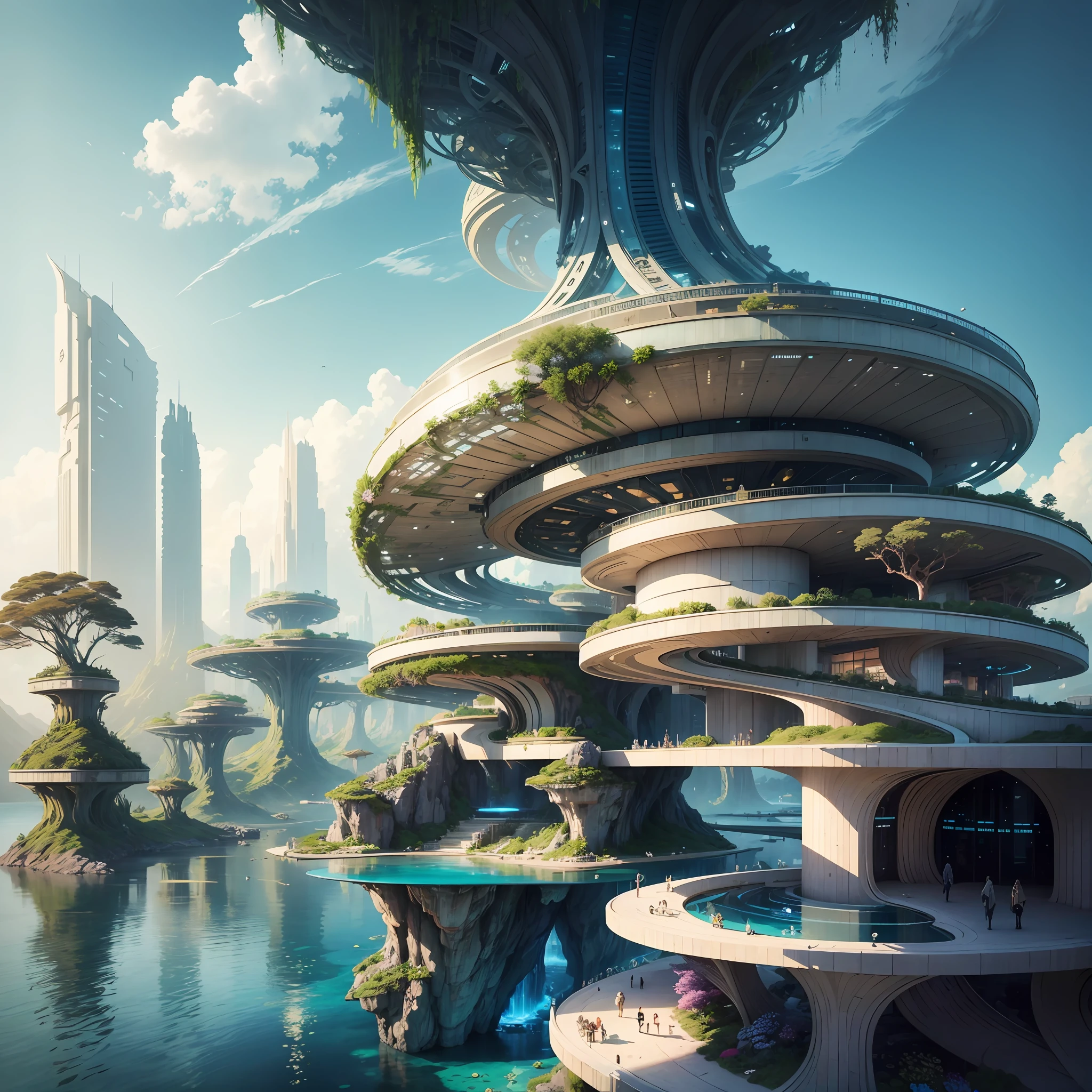 Science Fiction, Cities modern futuristic design large underwater city, futuristic underwater cityscape, a artificial waterfall and a pond with colorful flowers in the middle, nature meets underwater architecture, built inside ocean, realistic beehive architecture, organic underwater architecture, Reality very close to real nature, breathtaking render,city with underwater forest , advanced civilization technology,stunning architecture, luxury architecture, realistic fantasy render, by Zha Shibiao, epic and stunning, architectural visualization, epic architecture, concept art. 8 k --auto --v6 --s2