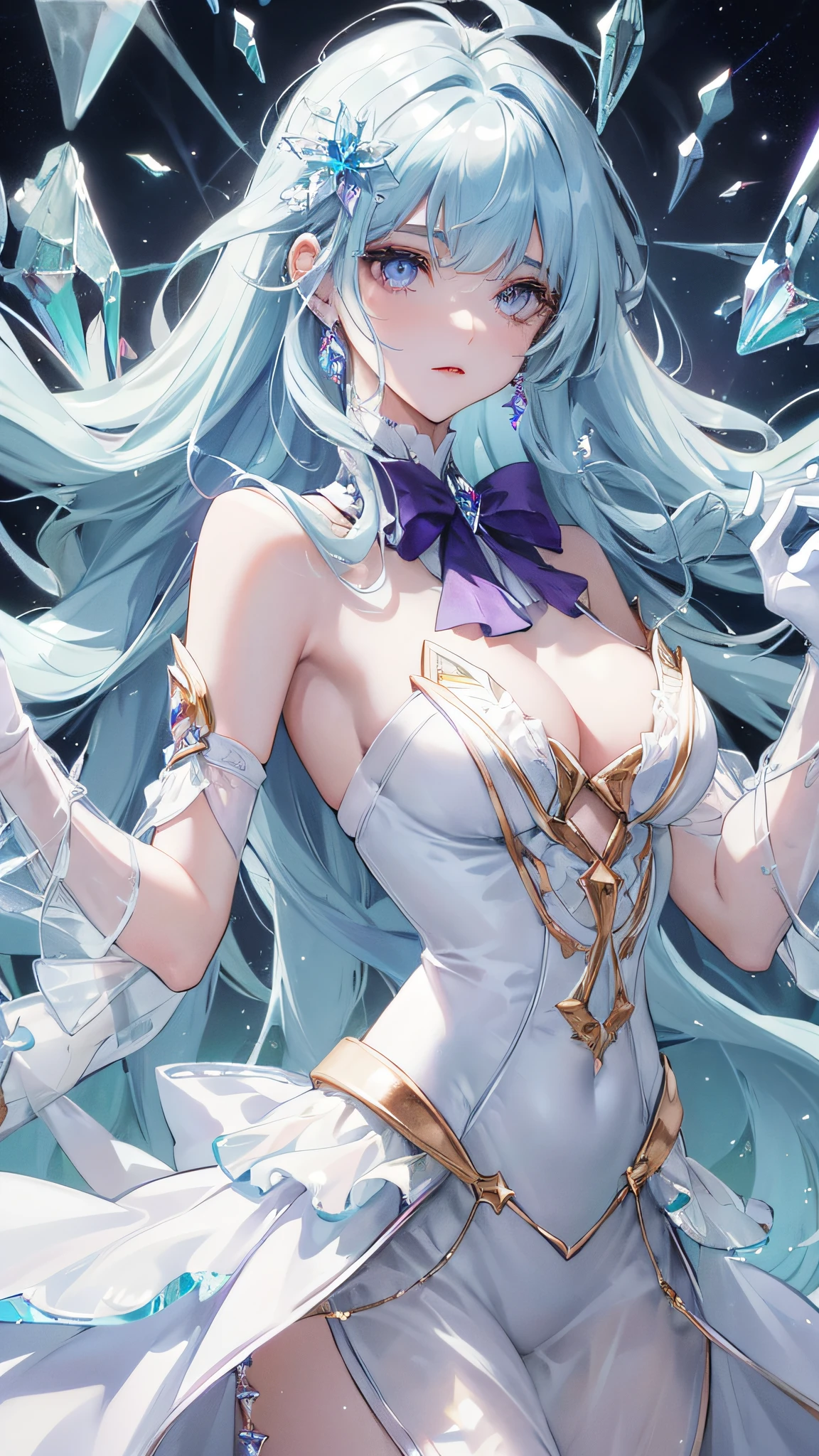 {{{{Crystalline purple gemstone gloves}}}},((beautiful detailed Glass hair)),((Glass shaped texture hand)),((Crystallize texture body)),Gem body,Hands as clear as jewels,Crystallization of clothes,((crystals texture skin)),sparkle, lens flare, light leaks, Broken glass，{{{{Detailed Glass shaped clothes}}}}, beautiful detailed gemstone sky, gemstone sea, beautiful detailed eyes, overexposure,  side blunt bangs, hairs between eyes, ribbons, bowties, buttons, bare shoulders, ,