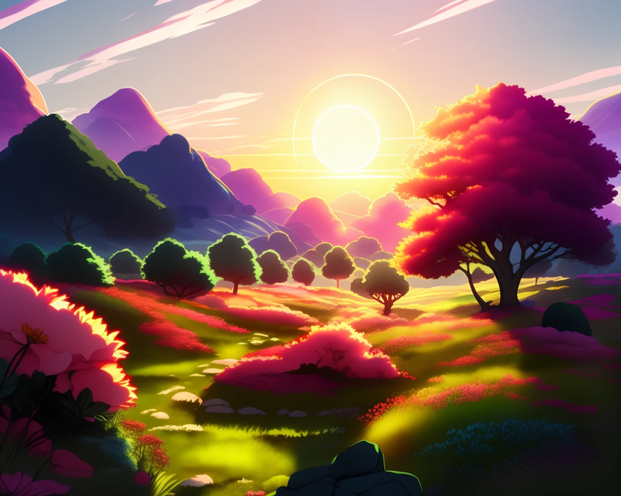 Landscape with anime style sun