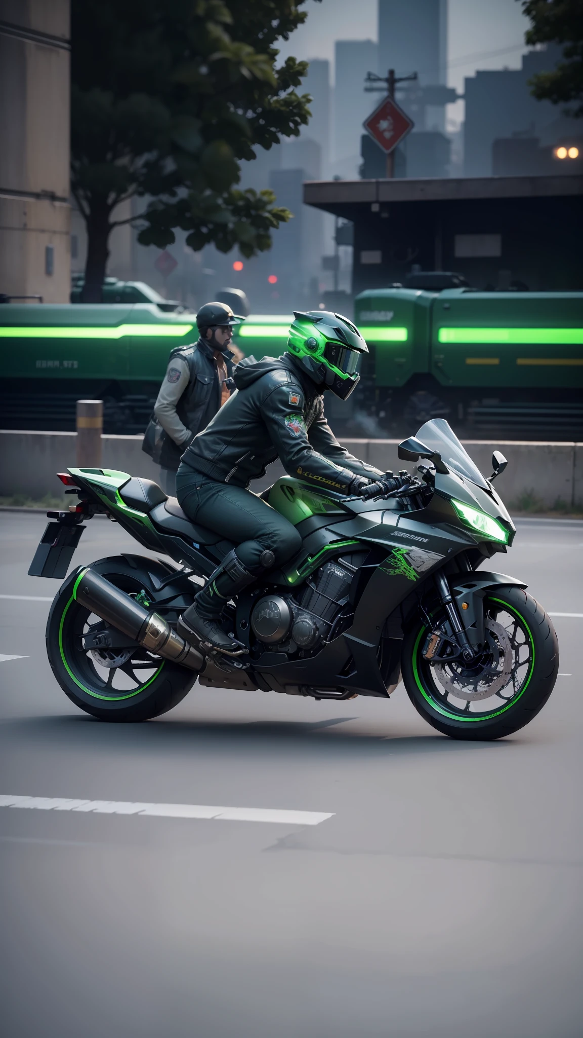 Masterpiece, (hyper-detailed), gangster theme, jacket. Motorcycle riding in dim light, tattoos, smoke, shadows, corrupted cityscapes, highest quality, single focus, (thinness: 1.04), mecha, full body, intricate (high detail: 1.1) (very detailed CG unification), (best quality), (best illustration), (best shadow), absurd, realistic lighting, green glowing helmet, glowing eyes, human robot, black and green locomotives, backlight, large muscles,
