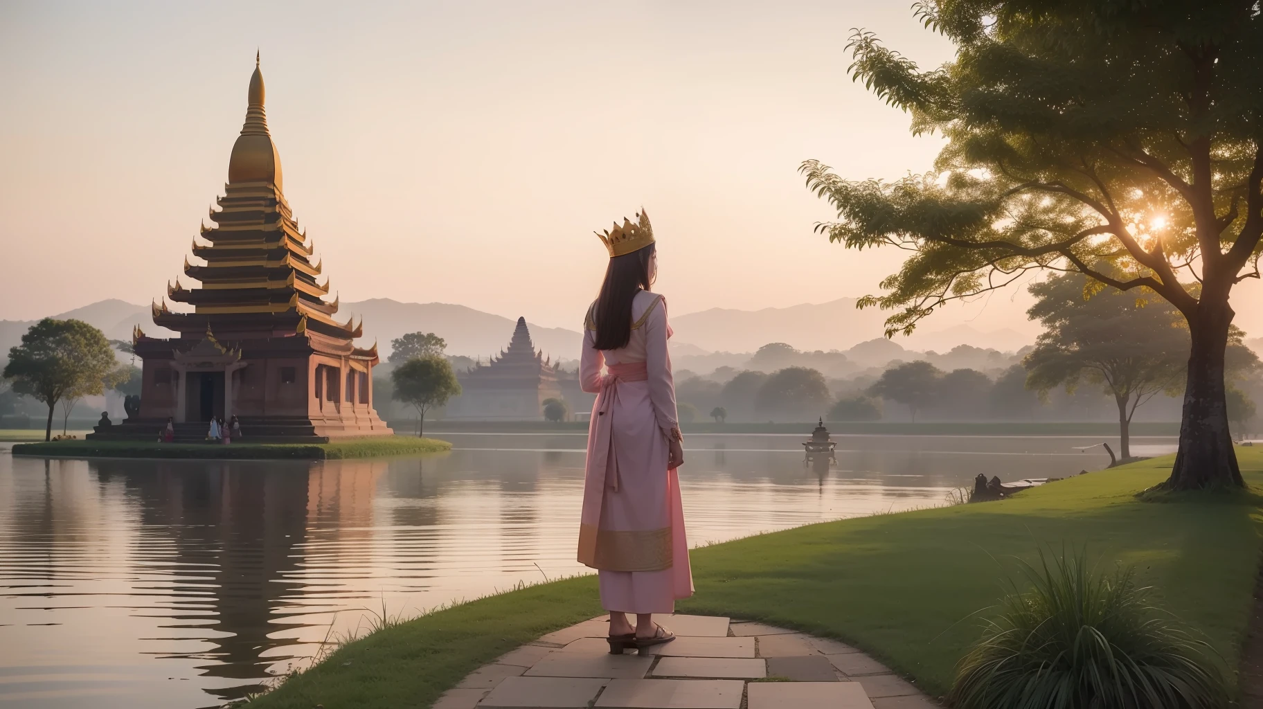 surrounded by pagodas trees and river in the background. The village is filled with simple  pagodas, with children playing in the streets. The Queen stands on the pagoda, looking out towards the river as the sun sets behind . The sky is painted with blue, orange, and casting. Her long brown hair flows in the breeze, and she wears a beautiful pink Cloak  dress with a golden crown on her head. In the distance, elephants and horses roam freely, grazing on the lush grass. The pagodas stand tall and proud, adorned with intricate carvings and decorations, a testament to the rich history and culture Myanmar's Bagan.