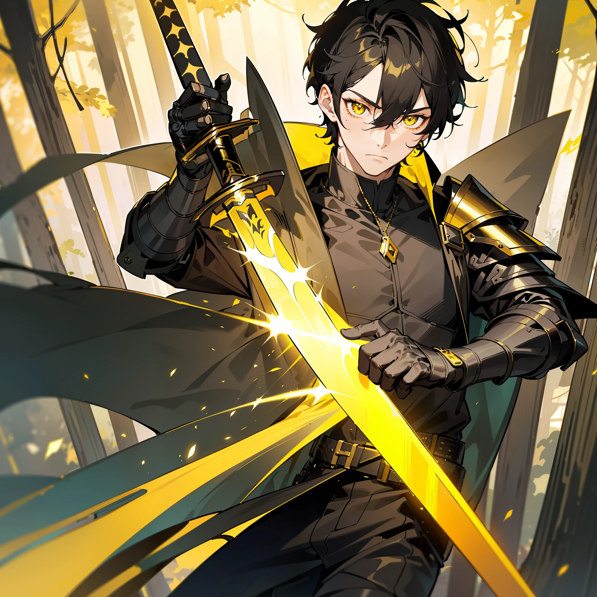 masterpiece, best quality, high quality, handsome male, ((male focus)), 1boy, solo, (calm expression), black short hair, yellow pupils, glowing pupils, black coat, black shirt, (detailed background), ((burnt forest)), ((holding a gold sword in hand)), (black cyberpunk armor with yellow stripes materializing), (left eye and mouth covered with black armor)