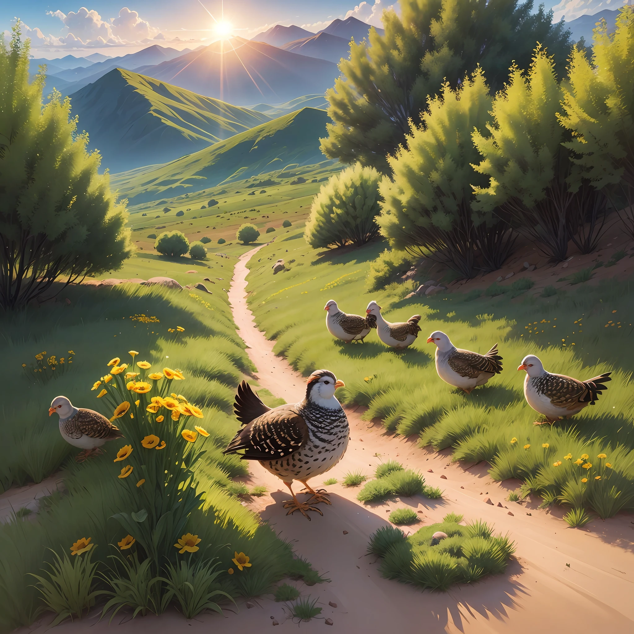 A field with the sun illuminating on top of a mountain and on the ground many quails and chickens with many plants --auto --s2