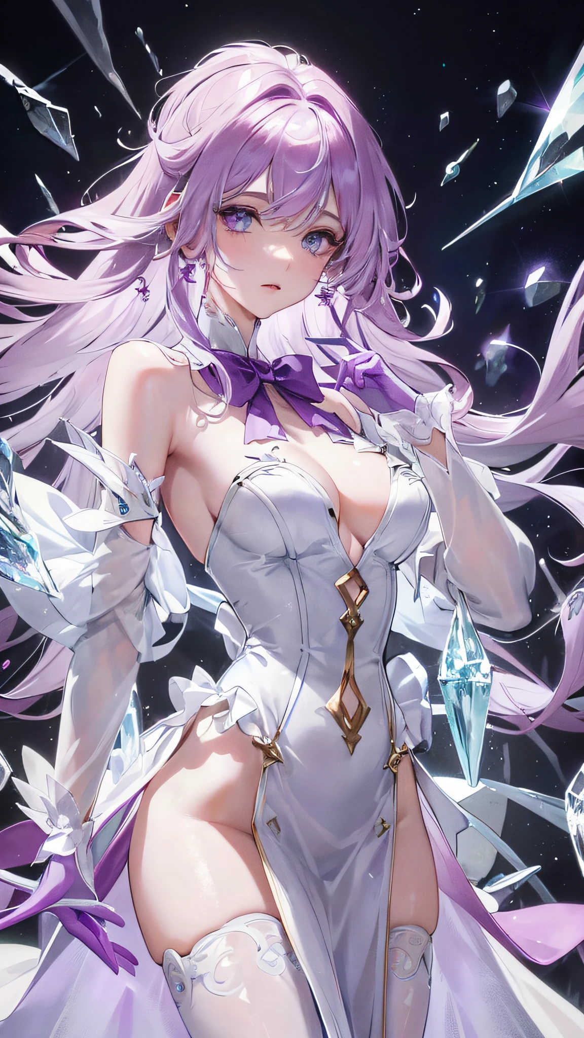 {{{{Crystalline purple gemstone gloves}}}},((beautiful detailed Glass hair)),((Glass shaped texture hand)),((Crystallize texture body)),Gem body,Hands as clear as jewels,Crystallization of clothes,((crystals texture skin)),sparkle, lens flare, light leaks, Broken glass，{{{{Detailed Glass shaped clothes}}}}, beautiful detailed gemstone sky, gemstone sea, beautiful detailed eyes, overexposure,  side blunt bangs, hairs between eyes, ribbons, bowties, buttons, bare shoulders, ,