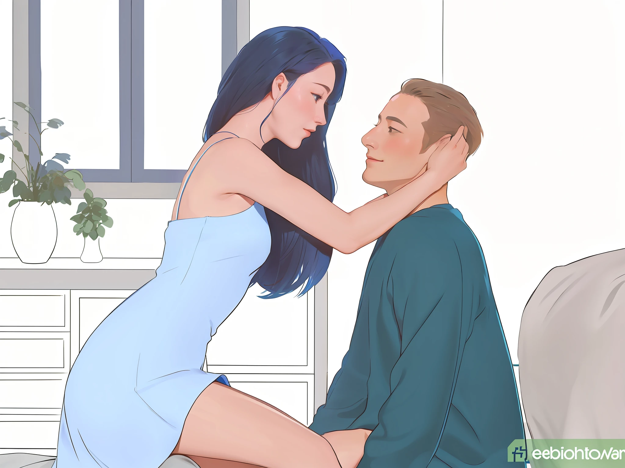 a woman in a blue dress is touching a man's face, wikihow, wikihow illustration, really realistic, rotoscoped, semi-realistic, semi - realistic, very realistic, illustration style, realistic illustration, true realistic image, inspired by Asaf Hanuka, sitting on the bed, realistic movie still, sitting in bedroom, very very realistic, extremely realistic --auto --s2