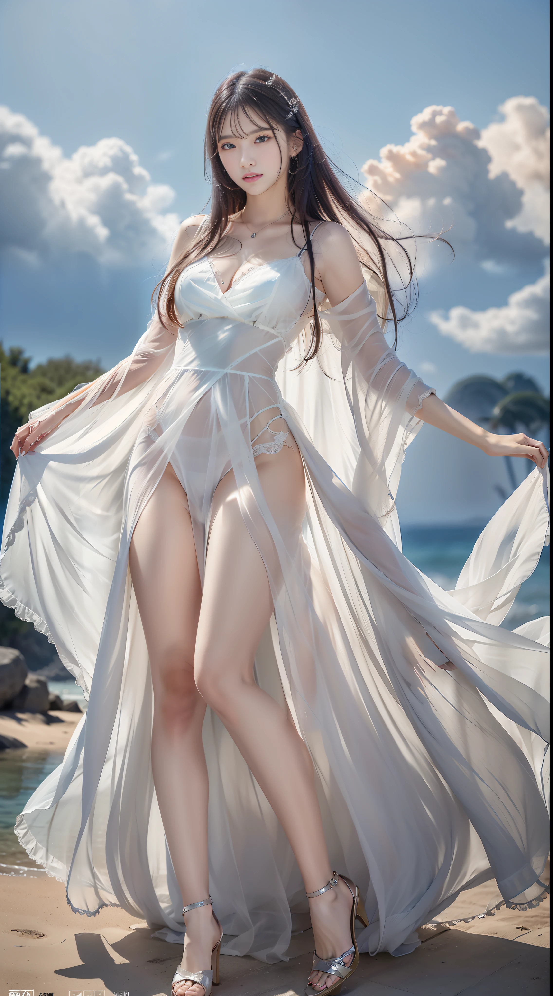 (8k, RAW photo, photorealistic:1.25) ,( lip gloss, eyelashes, glossy side, shiny skin, best quality, super high resolution, depth of field, chromatic aberration, caustics, special light, natural shadows, headwear, Kpop idol), light pink and sky blue style, (real: 1.2), 1girl, (orange sky: 1.5), tall and thin beauty goddess, flowing dress, conservative girl, cloud goddess, flowing white fabric, Wearing a flowing dress, (blue sky and white clouds in the background: 1.4), (wind: 1.5), (full body: 1.5),