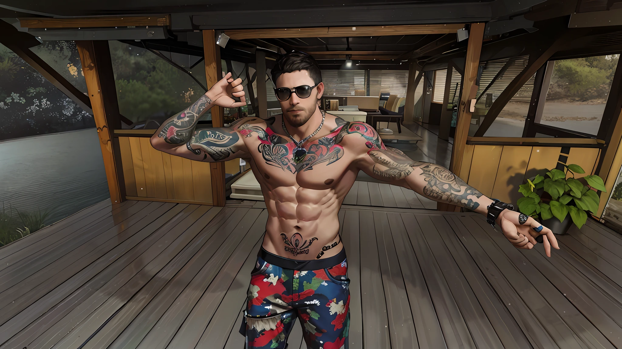 There is a man with tattoos on his chest and a tattoo on his arm,