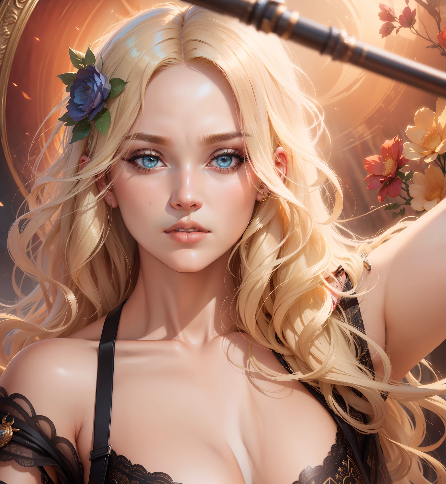 ((Masterpiece)) , blonde hair, tanned skin, by Anastasiya dobrovolskaya, donato giancola, karol bak, tom bagshaw, face by artgerm and edmund leighton, background by james jean and noah bradley, majestic, volumetric lighting, photorealistic, octane render, unreal engine 5, third rule, golden ratio, (highly detailed skin: 1.2), 16k uhd, hdr, dslr, high quality, film grain, Fujifilm XT3