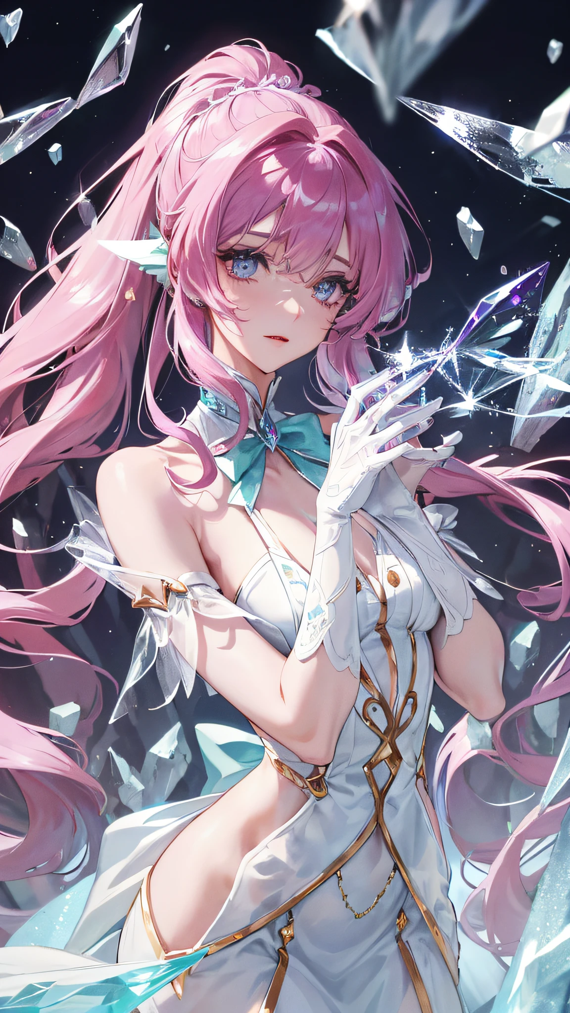 {{{{Crystalline purple gemstone gloves}}}},((beautiful detailed Glass hair)),((Glass shaped texture hand)),((Crystallize texture body)),Gem body,Hands as clear as jewels,Crystallization of clothes,((crystals texture skin)),sparkle, lens flare, light leaks, Broken glass,{{{{Detailed Glass shaped clothes}}}}, beautiful detailed gemstone sky, gemstone sea, beautiful detailed eyes, overexposure, side blunt bangs, hairs between eyes, ribbons, bowties, buttons, bare shoulders, ,