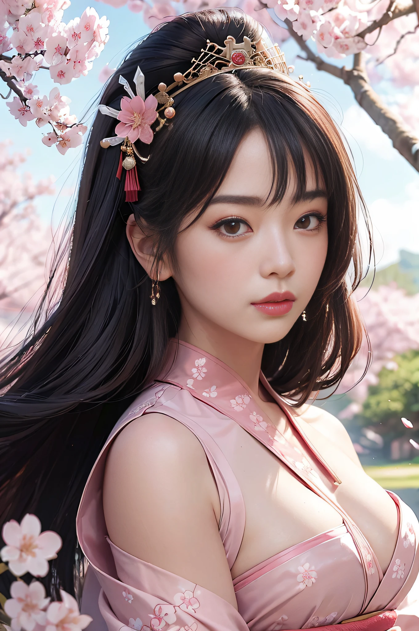 ((hyperrealistic, photorealistic, 8k, intricate details)) "(full body) A geisha queen, geisha samurai, goddess of Japan, samurai goddess, priestess Miko, feudal lady, erotic queen, goddess of fertility, lady of love, flowing hair and fleshy lips, full breasts, thick thighs, damp silky skin,, wearing a sexy pink and white armor kimono and chic, in a setting with trees and cherry blossoms and, contrasting with the blurred background, with the light gliding smoothly across the face, in a dynamic and charming pose."