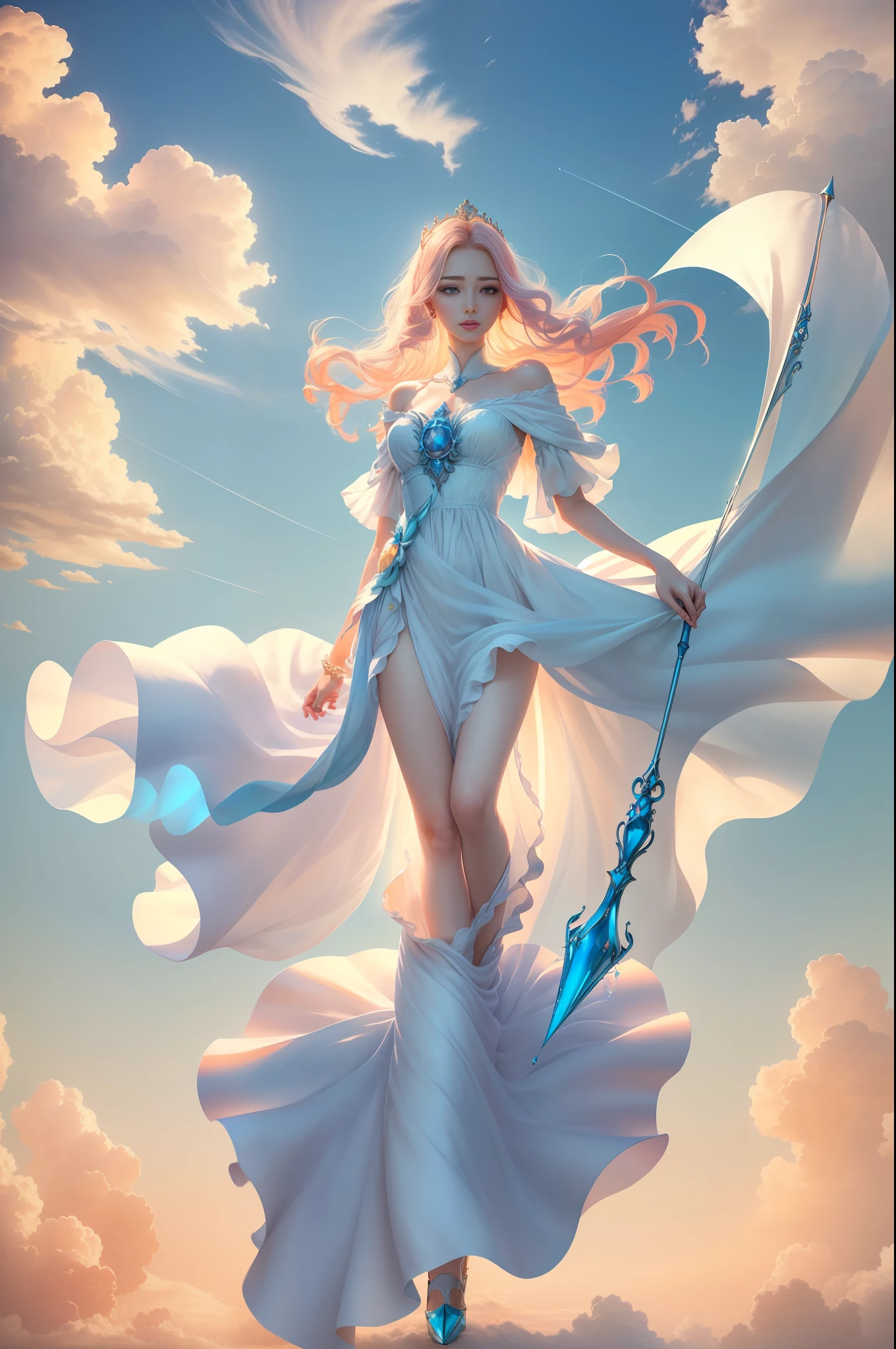 (8k, RAW photo, photorealistic:1.25) ,( lip gloss, eyelashes, glossy side, shiny skin, best quality, super high resolution, depth of field, chromatic aberration, caustics, special light, natural shadow, crown, scepter, kpop idol), light pink and sky blue style, (real: 1.2), 1girl, (orange sky: 1.5), tall and thin beauty goddess, flowing dress, conservative girl, cloud goddess, Flowing white fabric, dressed in a flowing dress, (background with blue sky and white clouds: 1.4), (wind: 1.5), (full body: 1.5), nhjy, a white dress with a peacock on it