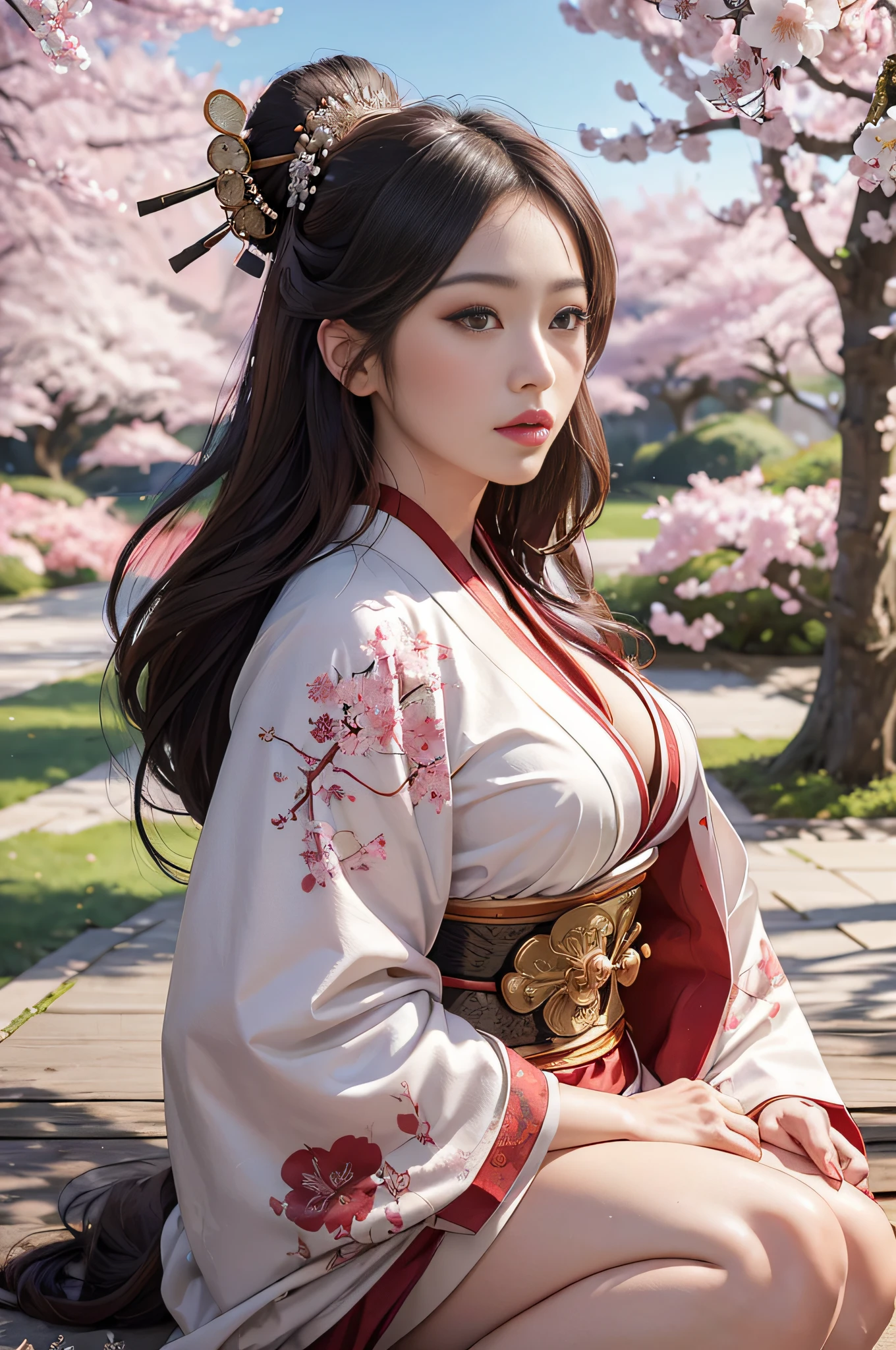 ((hyperrealistic, photorealistic, 8k, intricate details)) "(full body) A queen geisha, samurai geisha, goddess of Japan, samurai goddess, priestess Miko, feudal lady, erotic queen, fertility goddess, femme fatale, love lady, flowing hair and fleshy lips, beautiful light brown eyes, full breasts, thick thighs, sweaty silky skin, wearing a sexy red and white chic armor kimono, in a setting with cherry trees and blossoms and, contrasting with the blurred background, with the light gliding smoothly across the face, in a dynamic and charming pose."