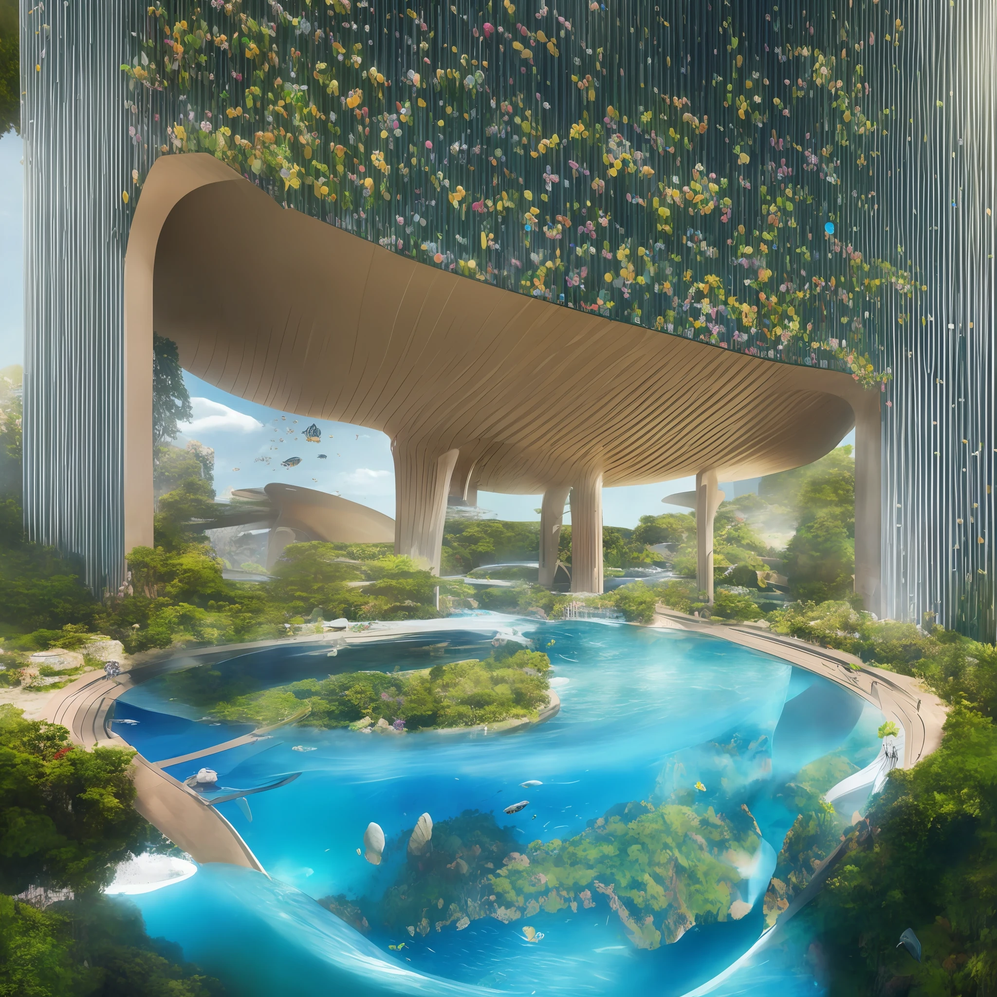 Science Fiction, Cities modern futuristic design large underwater city, futuristic underwater cityscape, a artificial waterfall and a pond with colorful flowers in the middle, nature meets underwater architecture, built inside ocean, realistic beehive architecture, organic underwater architecture, Reality very close to real nature, breathtaking render,city with underwater forest , advanced civilization technology,stunning architecture, luxury architecture, realistic fantasy render, by Zha Shibiao, epic and stunning, architectural visualization, epic architecture, concept art. 8 k --auto --v6 --s2