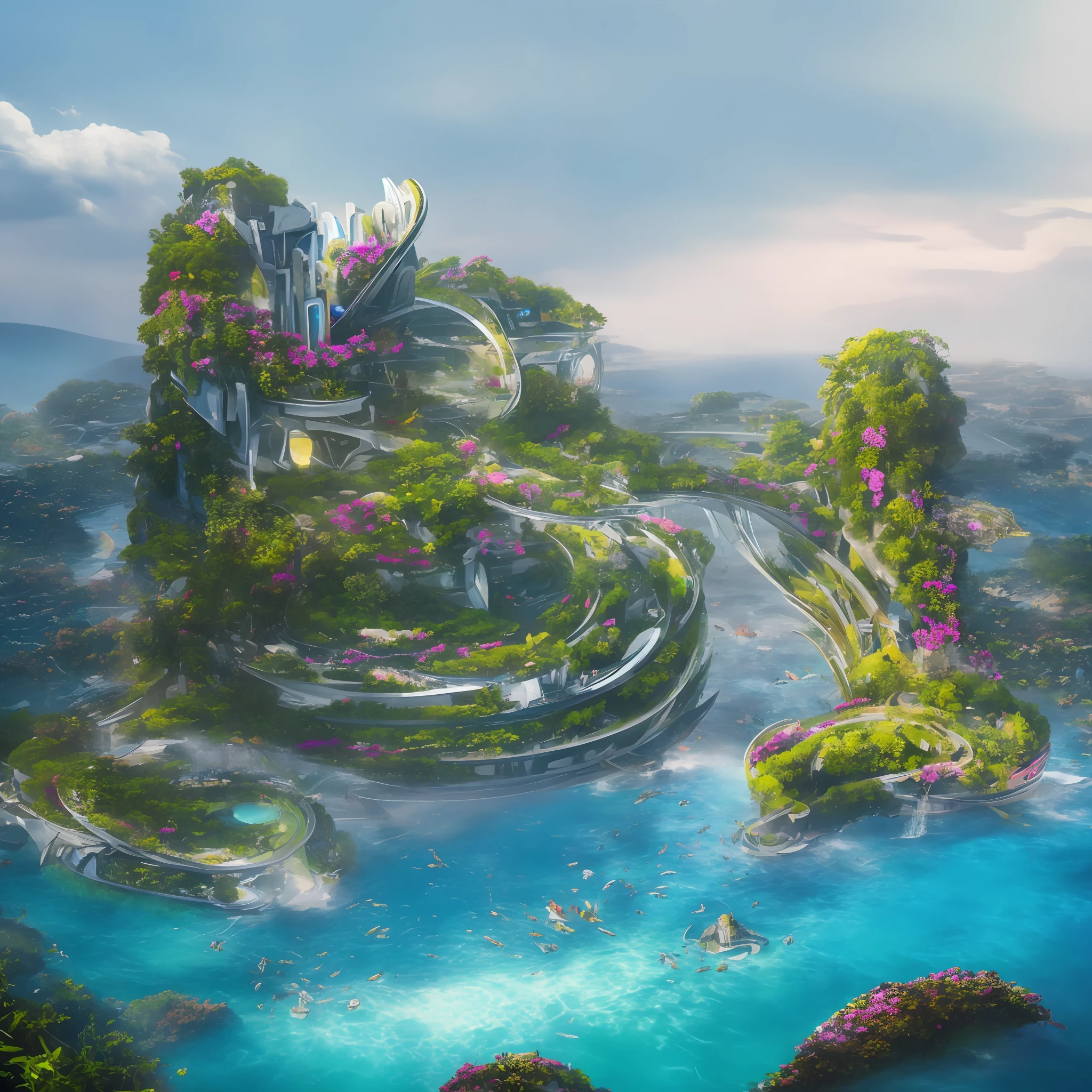 Science Fiction, Cities modern futuristic design large underwater city, futuristic underwater cityscape, a artificial waterfall and a pond with colorful flowers in the middle, nature meets underwater architecture, built inside ocean, realistic beehive architecture, organic underwater architecture, Reality very close to real nature, breathtaking render,city with underwater forest , advanced civilization technology,stunning architecture, luxury architecture, realistic fantasy render, by Zha Shibiao, epic and stunning, architectural visualization, epic architecture, concept art. 8 k --auto --v6 --s2