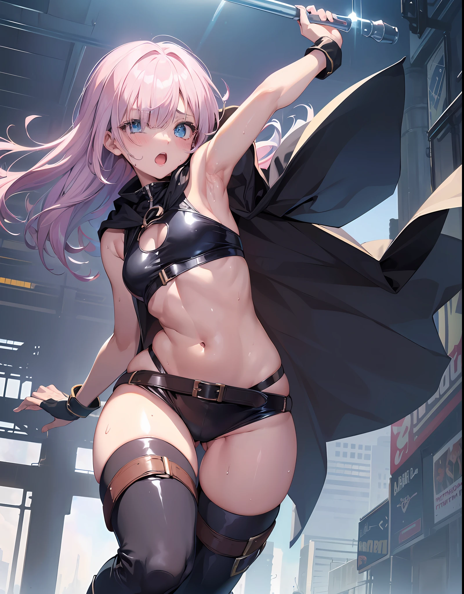 fantasy,1 girl,, ((loli))+, child,belue_eye, blush, big_, cloak, hood, shiny_medium_hair, ((((long_bangs,hair_over_one_eye)))++, shiny_black_bodysuit, harness, navel,,open_mouth,public,in_ fantasy_city_background,sweat, armpits, thighs, boots, groin, sweat,_juice, dynamic_pose_running, dynamic_angle, tiny_groin, happy,sleepy,confused, (thin_ass, thin_thighs),