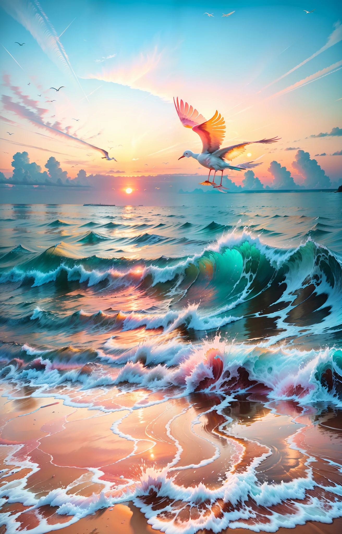 An absolutely mesmerizing sunset on the beach with a mix of orange, pink and yellow in the sky. The water is crystal clear, gently kissing the shore, and the white sand is boundless. The scene is dynamic and breathtaking, with seagulls soaring high in the sky. Immerse yourself in a calm atmosphere and let the aesthetic surroundings surround you.