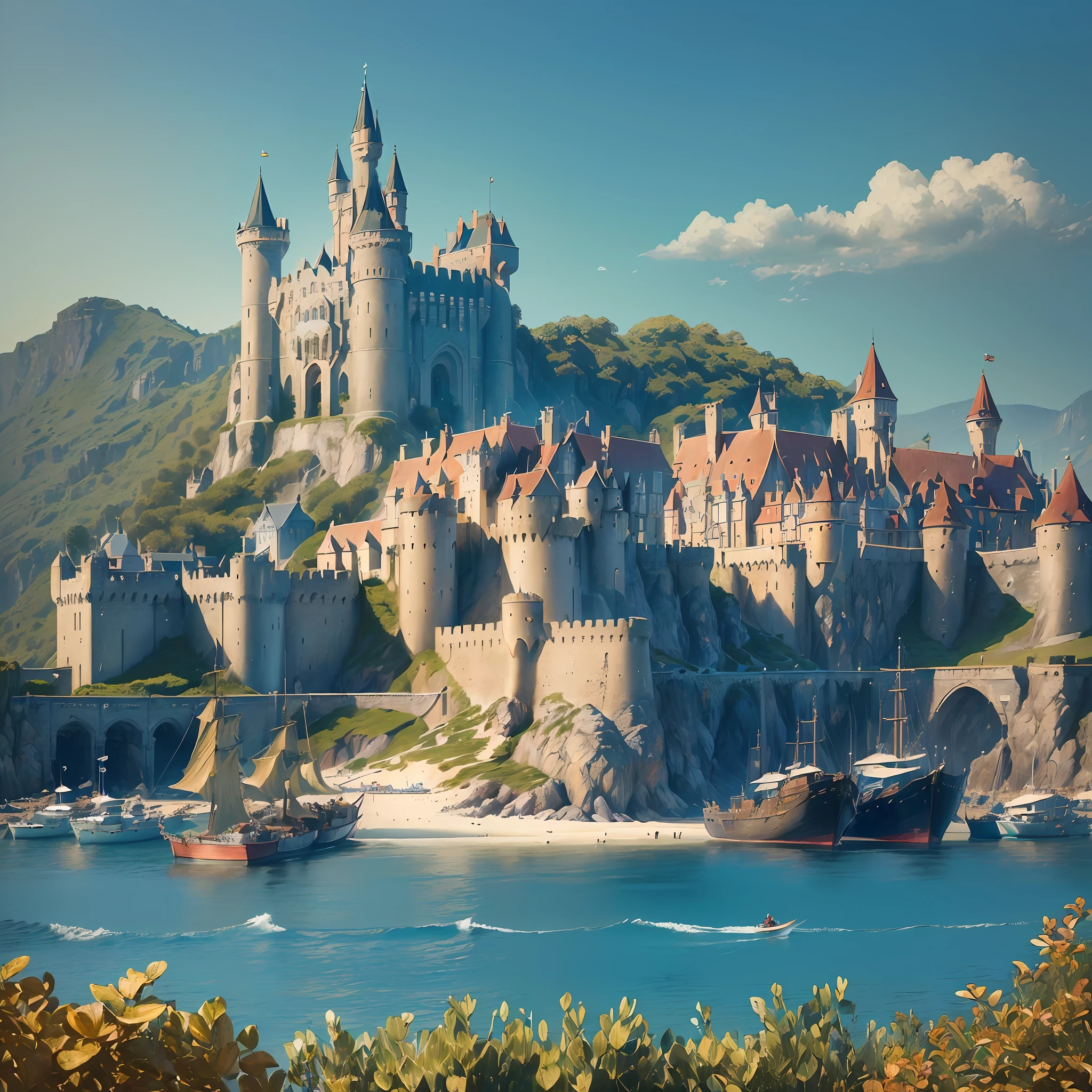 ((best quality)), ((masterpiece)), ((photorealistic)), ((detailed)), ((fantasy kingdom, kingdom, coastal kingdom, castle, big castle, main castle, villages, coastal villages, coastal city, citadels)), ((coast, coastal territory, beaches, golden beaches, heat, harbor)), ((cheerful territory, warm territory)), ((trades)), ((boats, canoes)), ((sailors, fishermen)) --auto --s2
