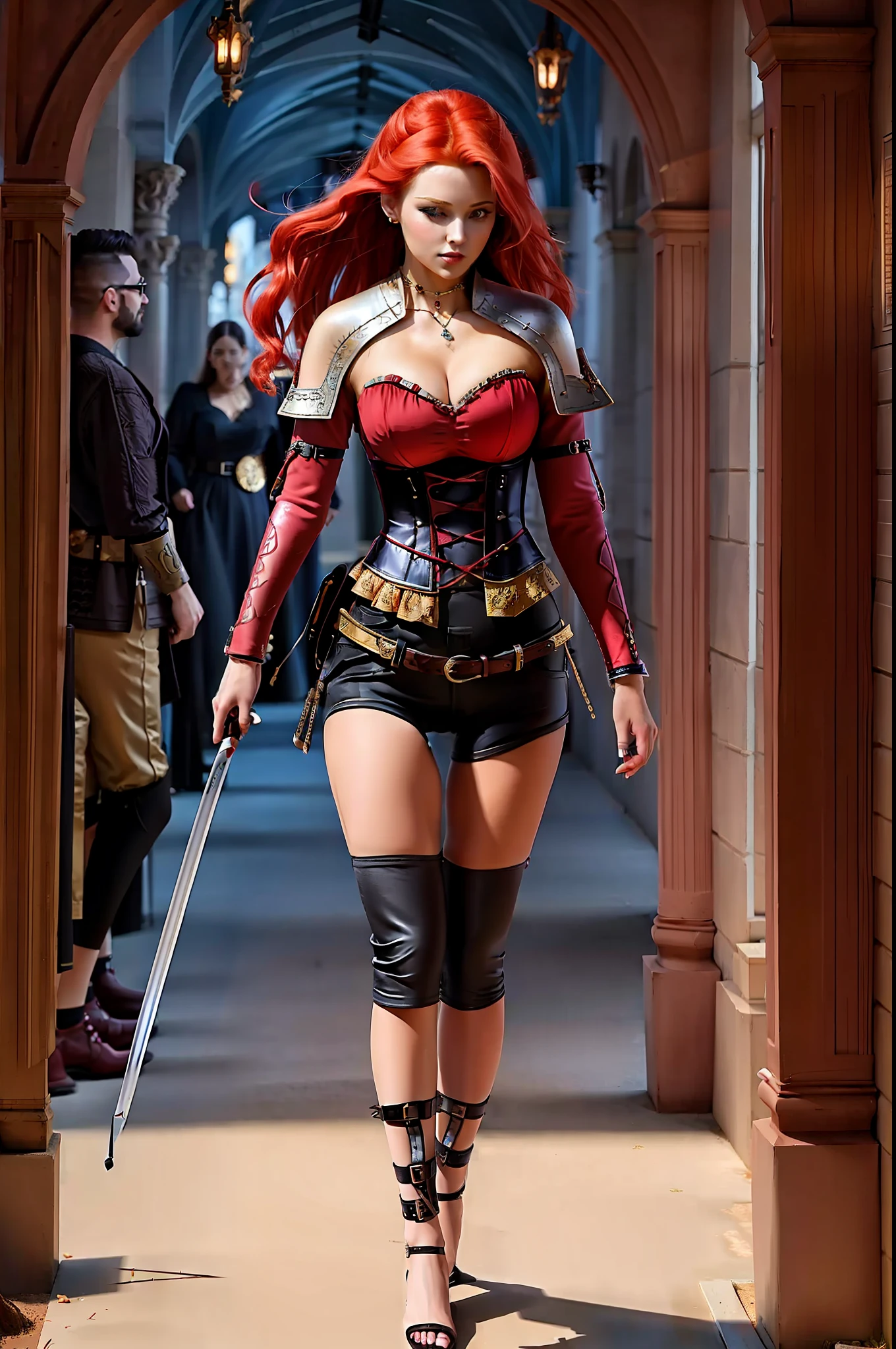 medieval RPG character painting, long wind blown flowing ginger hair, red & black swashbuckler rogue corset, metal pauldrons, saber on belt, black leather strappy pants, (straps buckles:1.2) armor, red lips, green eyes, elegant pendant, standing inside ancient hallway, dynamic pose, (masterpiece:1.4) (best quality:1.4) (8k) (HDR) (wallpaper) (cinematic lighting) (sharp focus) (intricate) (painterly) Style-Sylvamagic